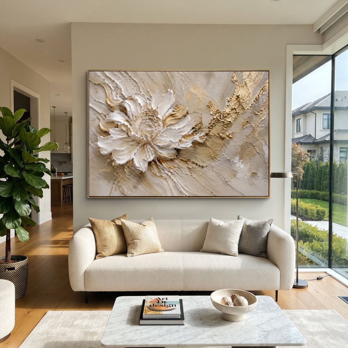 White Gold Floral Relief focuses on this hand-painted textured canvas features geometric relief forms, carved linework, layered plaster blocks, and measured modern surface rhythm, built with raised palette-knife texture, layered brushwork, and sculptural plaster-like depth. The composition is described from the actual main image, so the visible subject, color balance, spacing, and surface movement stay specific to this product instead of reading like a batch title. Raised palette-knife layers