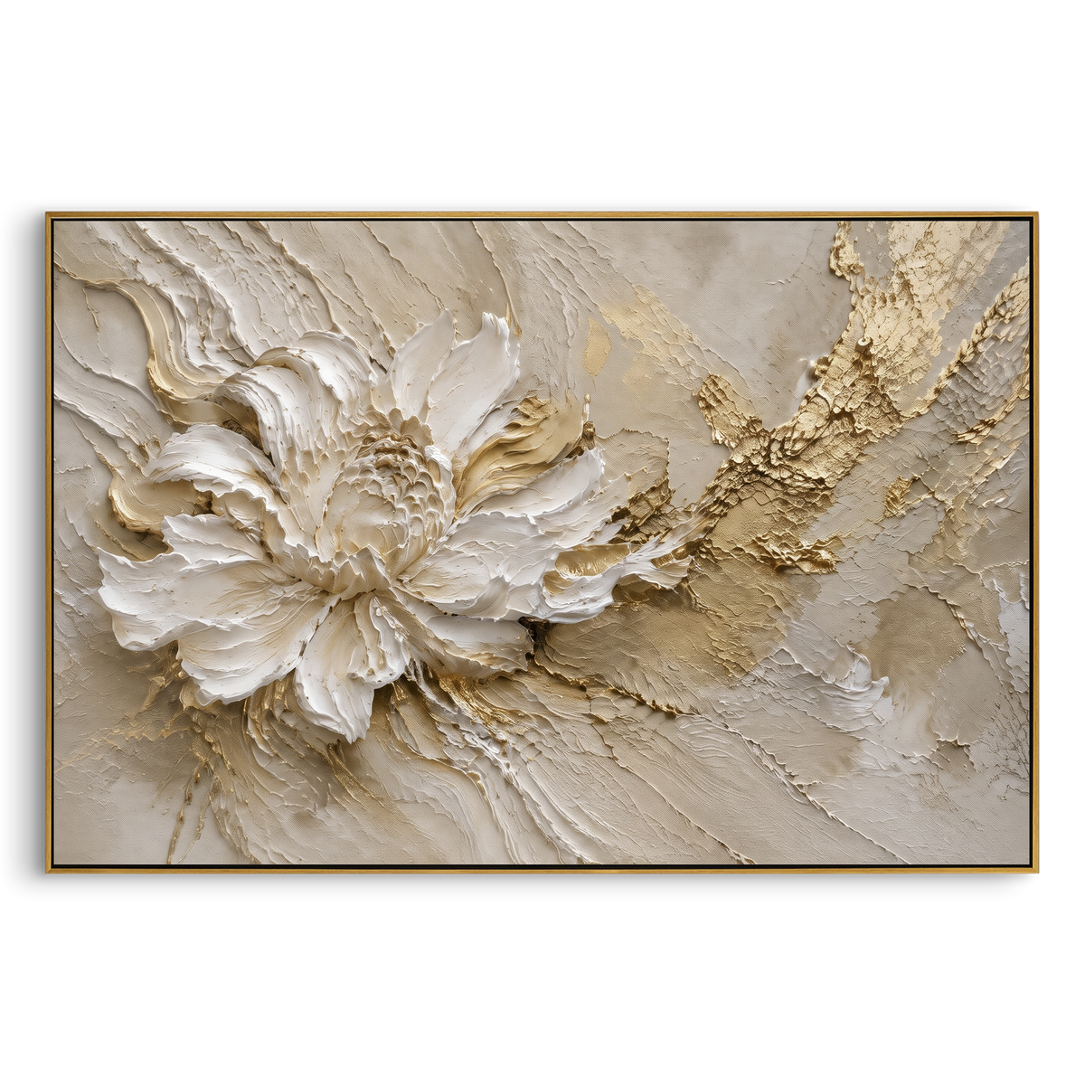 White Gold Floral Relief focuses on this hand-painted textured canvas features geometric relief forms, carved linework, layered plaster blocks, and measured modern surface rhythm, built with raised palette-knife texture, layered brushwork, and sculptural plaster-like depth. The composition is described from the actual main image, so the visible subject, color balance, spacing, and surface movement stay specific to this product instead of reading like a batch title. Raised palette-knife layers