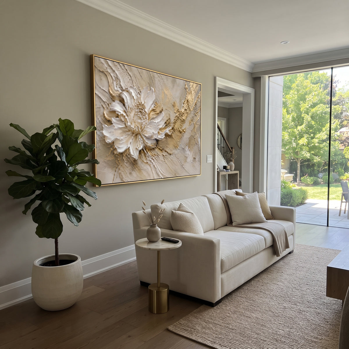 White Gold Floral Relief focuses on this hand-painted textured canvas features geometric relief forms, carved linework, layered plaster blocks, and measured modern surface rhythm, built with raised palette-knife texture, layered brushwork, and sculptural plaster-like depth. The composition is described from the actual main image, so the visible subject, color balance, spacing, and surface movement stay specific to this product instead of reading like a batch title. Raised palette-knife layers