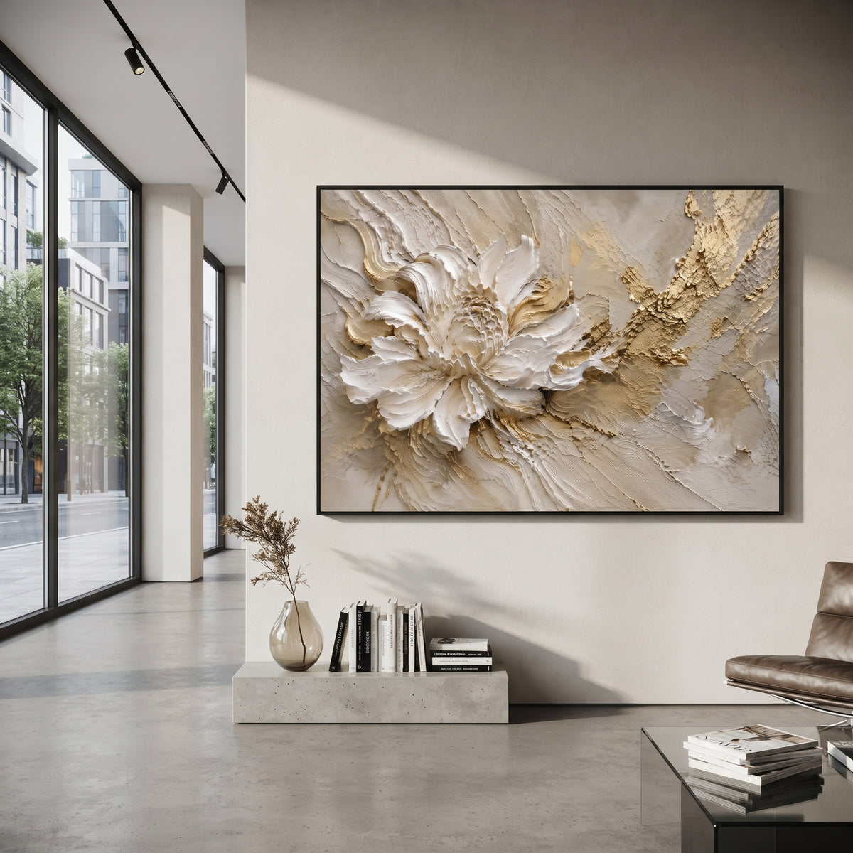 White Gold Floral Relief focuses on this hand-painted textured canvas features geometric relief forms, carved linework, layered plaster blocks, and measured modern surface rhythm, built with raised palette-knife texture, layered brushwork, and sculptural plaster-like depth. The composition is described from the actual main image, so the visible subject, color balance, spacing, and surface movement stay specific to this product instead of reading like a batch title. Raised palette-knife layers