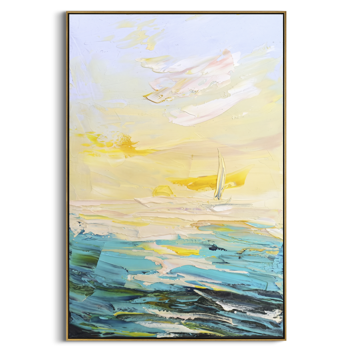Yellow Sailboat Seascape focuses on this hand-painted textured canvas features sunlit ocean waves, glowing shoreline color, layered seafoam, and a softly moving coastal horizon, built with raised palette-knife texture, layered brushwork, and sculptural plaster-like depth. The composition is described from the actual main image, so the visible subject, color balance, spacing, and surface movement stay specific to this product instead of reading like a batch title. Raised palette-knife layers