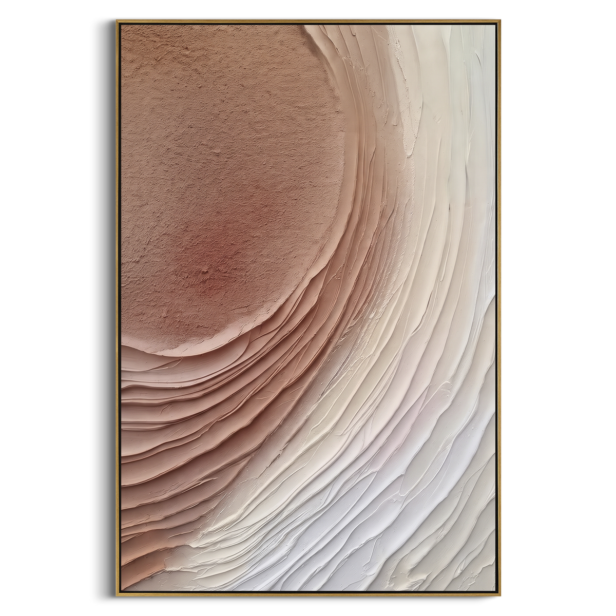 Blush Moon Arc Relief focuses on this hand-painted textured canvas features geometric relief forms, carved linework, layered plaster blocks, and measured modern surface rhythm, built with raised palette-knife texture, layered brushwork, and sculptural plaster-like depth. The composition is described from the actual main image, so the visible subject, color balance, spacing, and surface movement stay specific to this product instead of reading like a batch title. Raised palette-knife layers