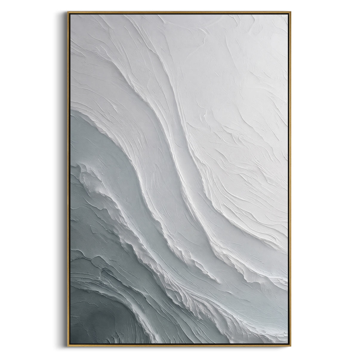 Grey White Flow Relief focuses on this hand-painted textured canvas features abstract plaster relief, carved organic movement, layered neutral surfaces, and sculptural handmade texture, built with raised palette-knife texture, layered brushwork, and sculptural plaster-like depth. The composition is described from the actual main image, so the visible subject, color balance, spacing, and surface movement stay specific to this product instead of reading like a batch title. Raised palette-knife