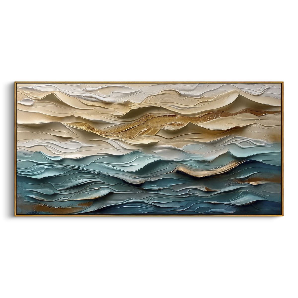 Layered Ocean Relief focuses on this hand-painted textured canvas features coastal surf, raised seafoam, shoreline movement, and layered blue-green water texture, built with raised palette-knife texture, layered brushwork, and sculptural plaster-like depth. The composition is described from the actual main image, so the visible subject, color balance, spacing, and surface movement stay specific to this product instead of reading like a batch title. Raised palette-knife layers, sculpted impasto