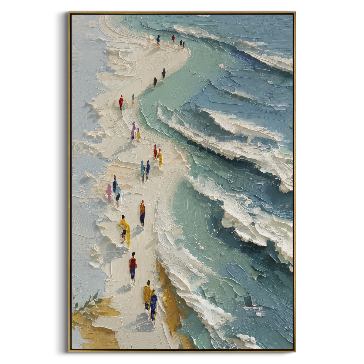 Coastal Walkway Waves focuses on this hand-painted textured canvas features coastal surf, raised seafoam, shoreline movement, and layered blue-green water texture, built with raised palette-knife texture, layered brushwork, and sculptural plaster-like depth. The composition is described from the actual main image, so the visible subject, color balance, spacing, and surface movement stay specific to this product instead of reading like a batch title. Raised palette-knife layers, sculpted impasto