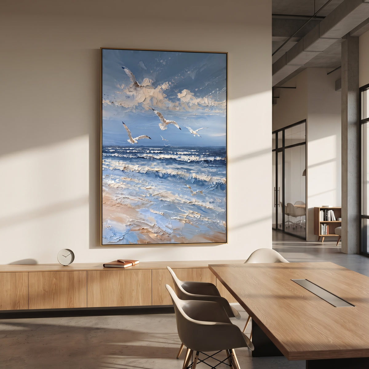 Seagulls Over Ocean focuses on this hand-painted textured canvas features coastal surf, raised seafoam, shoreline movement, and layered blue-green water texture, built with raised palette-knife texture, layered brushwork, and sculptural plaster-like depth. The composition is described from the actual main image, so the visible subject, color balance, spacing, and surface movement stay specific to this product instead of reading like a batch title. Raised palette-knife layers, sculpted impasto
