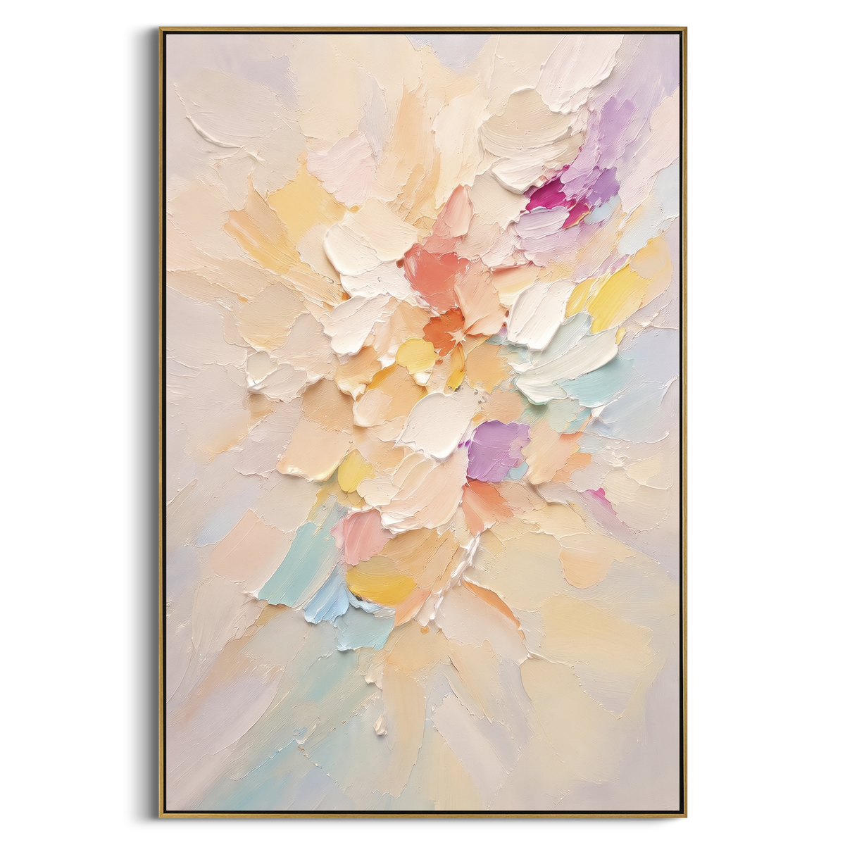 Pastel Floral Bloom focuses on this hand-painted textured canvas features geometric relief forms, carved linework, layered plaster blocks, and measured modern surface rhythm, built with raised palette-knife texture, layered brushwork, and sculptural plaster-like depth. The composition is described from the actual main image, so the visible subject, color balance, spacing, and surface movement stay specific to this product instead of reading like a batch title. Raised palette-knife layers