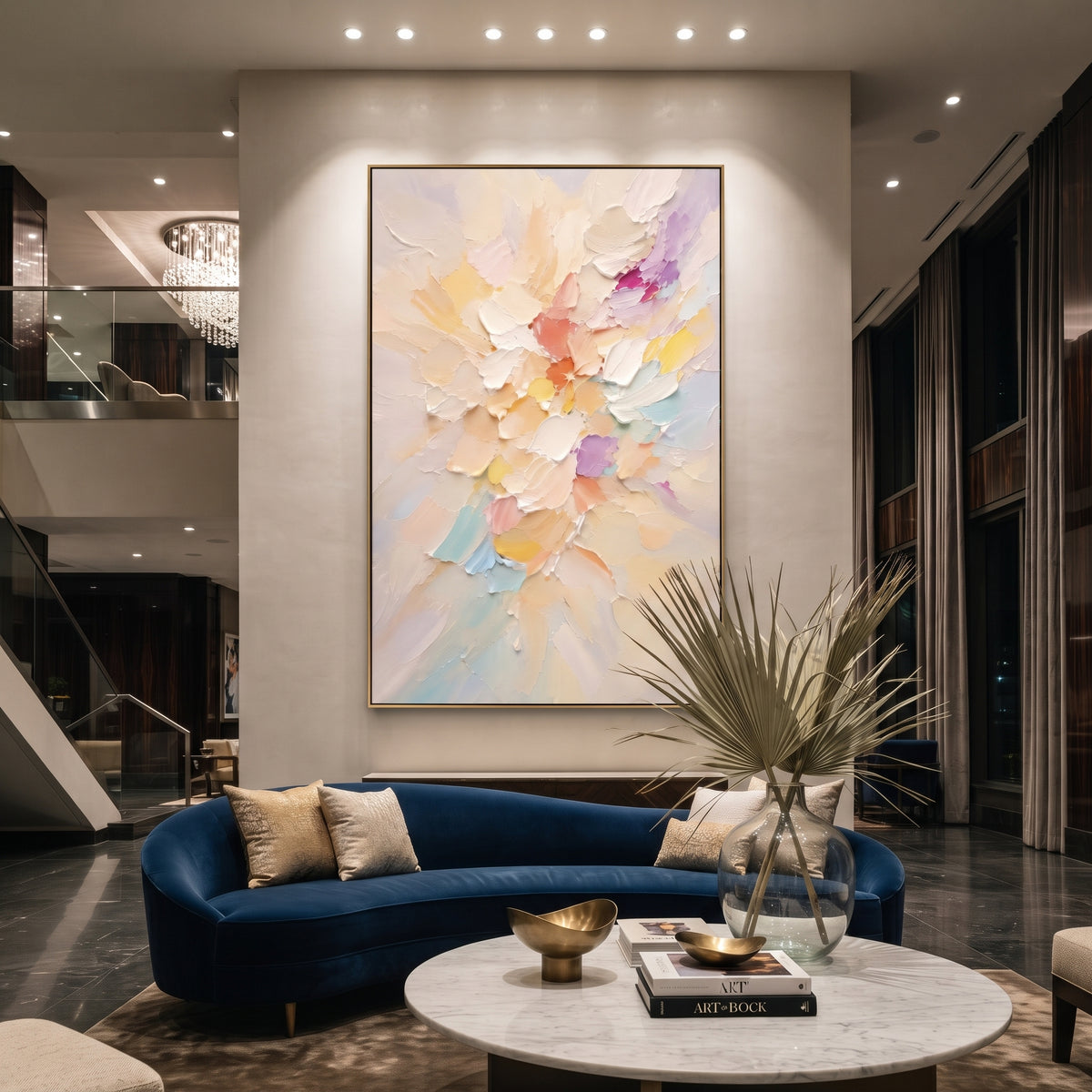 Pastel Floral Bloom focuses on this hand-painted textured canvas features geometric relief forms, carved linework, layered plaster blocks, and measured modern surface rhythm, built with raised palette-knife texture, layered brushwork, and sculptural plaster-like depth. The composition is described from the actual main image, so the visible subject, color balance, spacing, and surface movement stay specific to this product instead of reading like a batch title. Raised palette-knife layers
