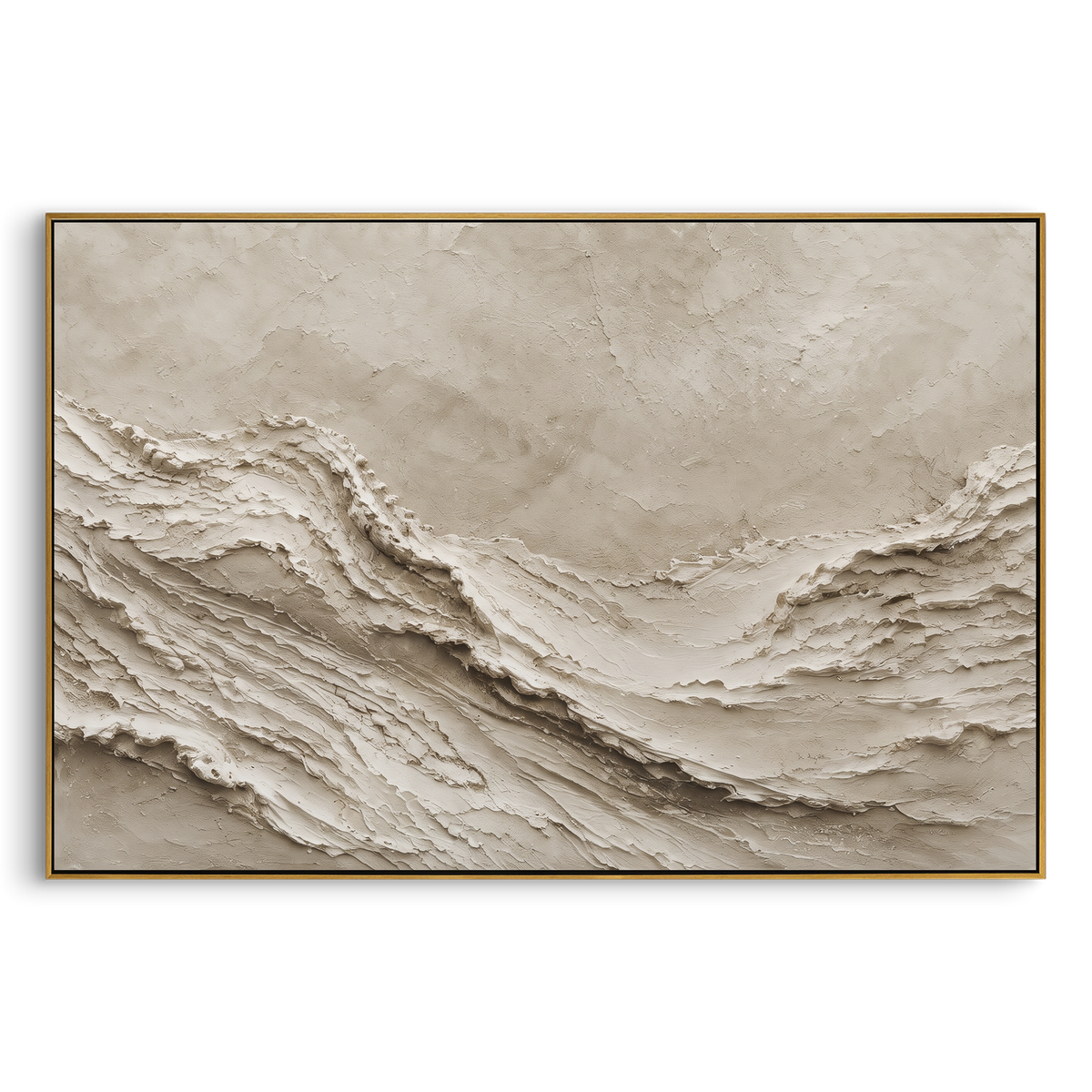 Neutral Ridge Relief focuses on this hand-painted textured canvas features geometric relief forms, carved linework, layered plaster blocks, and measured modern surface rhythm, built with raised palette-knife texture, layered brushwork, and sculptural plaster-like depth. The composition is described from the actual main image, so the visible subject, color balance, spacing, and surface movement stay specific to this product instead of reading like a batch title. Raised palette-knife layers