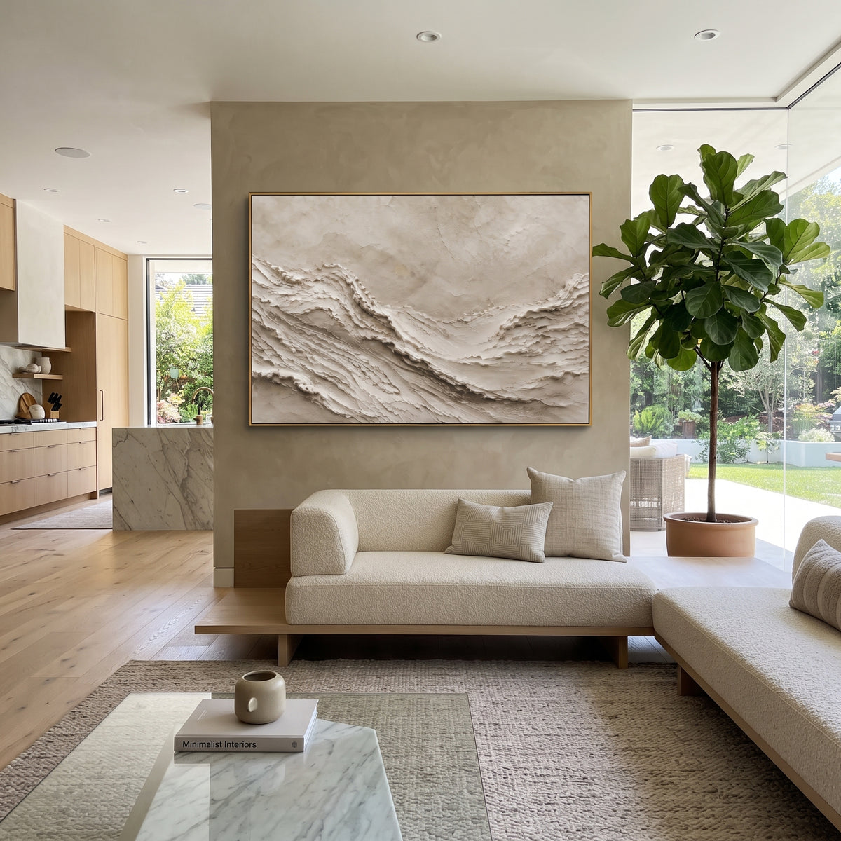 Neutral Ridge Relief focuses on this hand-painted textured canvas features geometric relief forms, carved linework, layered plaster blocks, and measured modern surface rhythm, built with raised palette-knife texture, layered brushwork, and sculptural plaster-like depth. The composition is described from the actual main image, so the visible subject, color balance, spacing, and surface movement stay specific to this product instead of reading like a batch title. Raised palette-knife layers