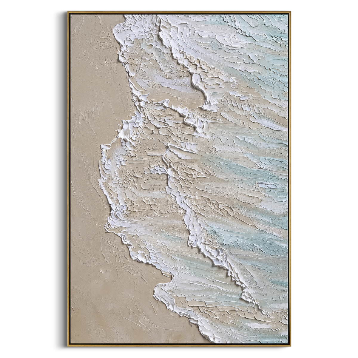 Coastal Map Relief focuses on this hand-painted textured canvas features abstract plaster relief, carved organic movement, layered neutral surfaces, and sculptural handmade texture, built with raised palette-knife texture, layered brushwork, and sculptural plaster-like depth. The composition is described from the actual main image, so the visible subject, color balance, spacing, and surface movement stay specific to this product instead of reading like a batch title. Raised palette-knife layers