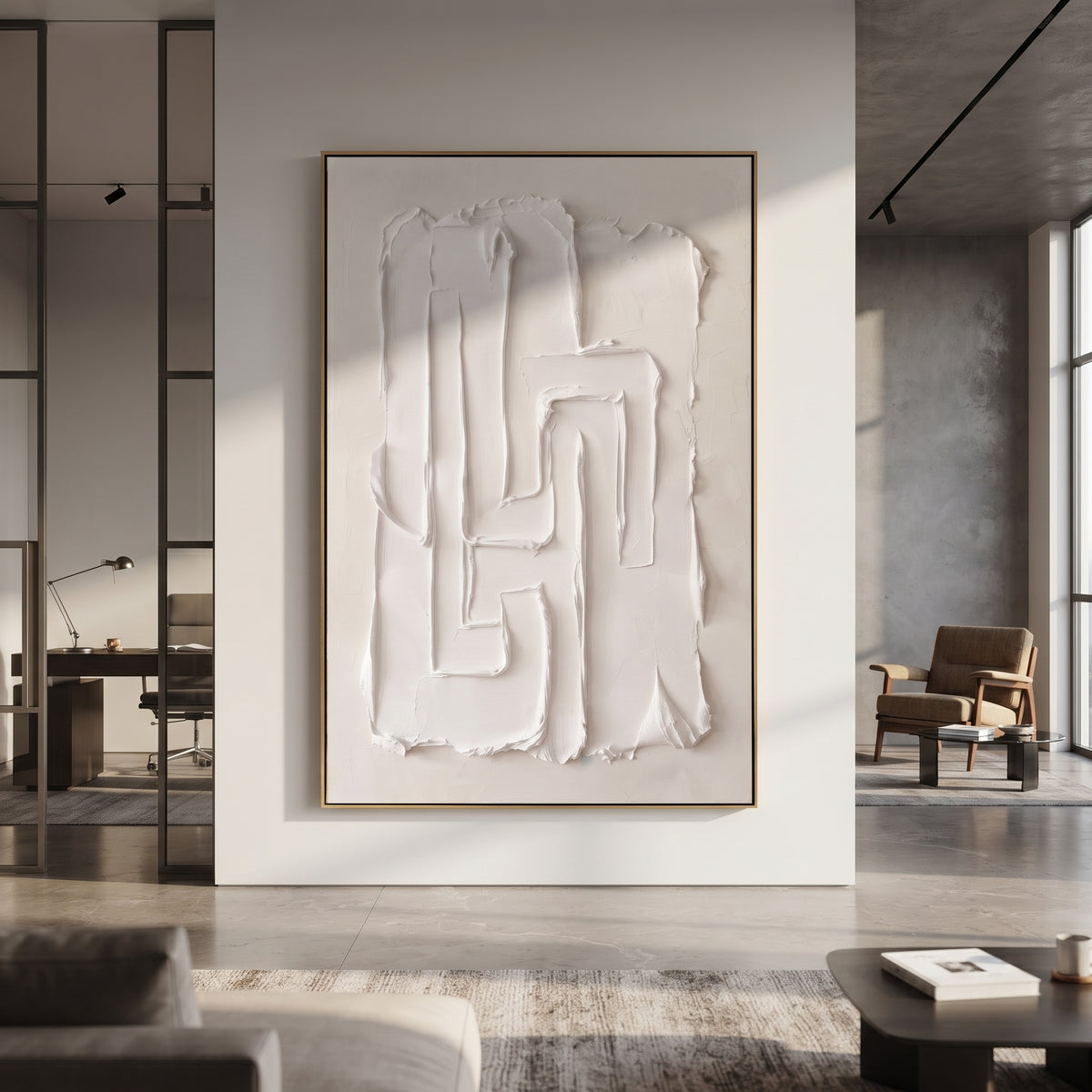 White Geometric Maze Relief focuses on this hand-painted textured canvas features abstract plaster relief, carved organic movement, layered neutral surfaces, and sculptural handmade texture, built with raised palette-knife texture, layered brushwork, and sculptural plaster-like depth. The composition is described from the actual main image, so the visible subject, color balance, spacing, and surface movement stay specific to this product instead of reading like a batch title. Raised