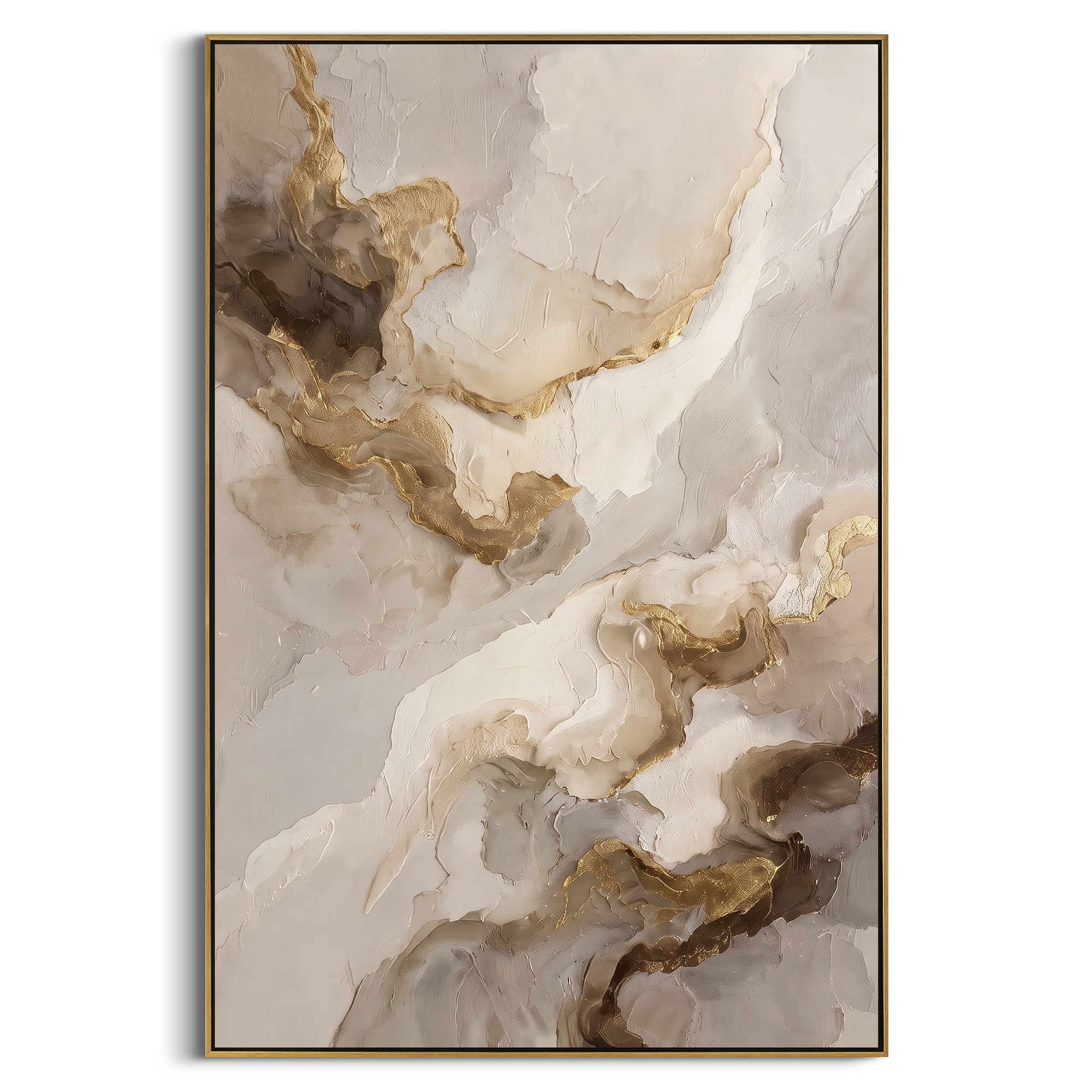 White Gold Marble Abstract focuses on this hand-painted textured canvas features geometric relief forms, carved linework, layered plaster blocks, and measured modern surface rhythm, built with raised palette-knife texture, layered brushwork, and sculptural plaster-like depth. The composition is described from the actual main image, so the visible subject, color balance, spacing, and surface movement stay specific to this product instead of reading like a batch title. Raised palette-knife layers
