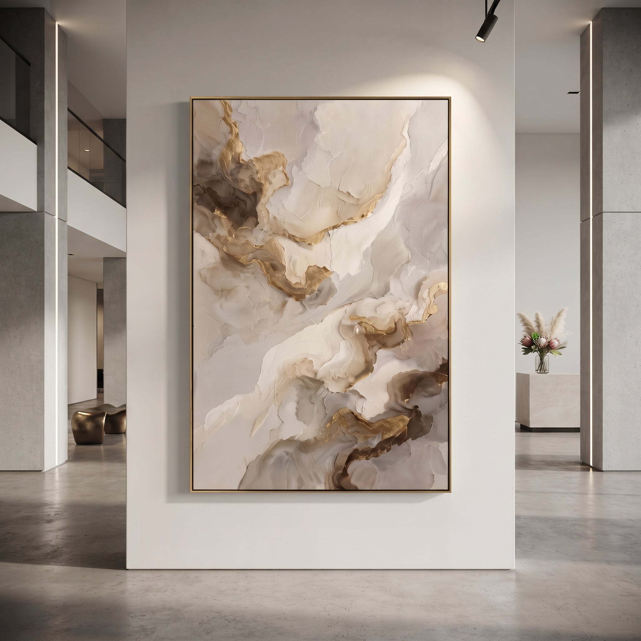 White Gold Marble Abstract focuses on this hand-painted textured canvas features geometric relief forms, carved linework, layered plaster blocks, and measured modern surface rhythm, built with raised palette-knife texture, layered brushwork, and sculptural plaster-like depth. The composition is described from the actual main image, so the visible subject, color balance, spacing, and surface movement stay specific to this product instead of reading like a batch title. Raised palette-knife layers