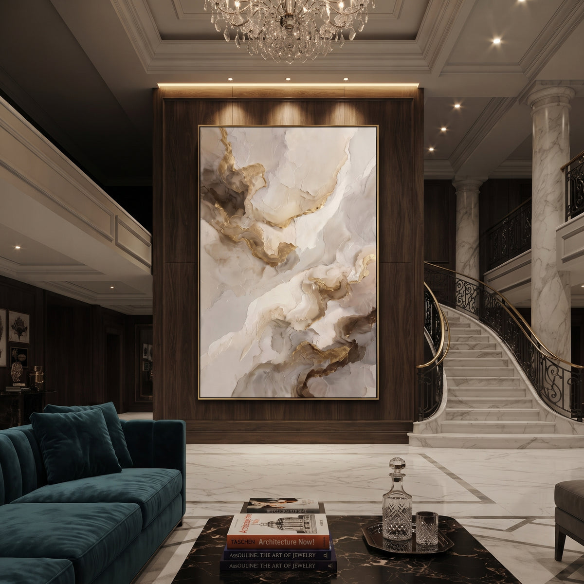 White Gold Marble Abstract focuses on this hand-painted textured canvas features geometric relief forms, carved linework, layered plaster blocks, and measured modern surface rhythm, built with raised palette-knife texture, layered brushwork, and sculptural plaster-like depth. The composition is described from the actual main image, so the visible subject, color balance, spacing, and surface movement stay specific to this product instead of reading like a batch title. Raised palette-knife layers