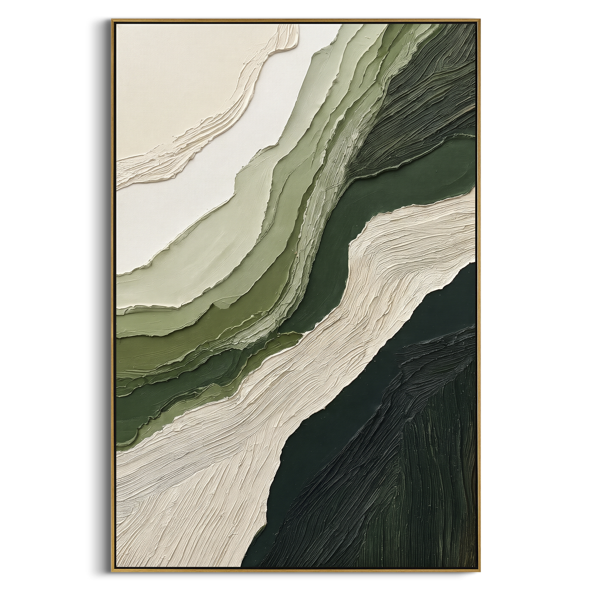 Layered Forest Green Terrain Relief focuses on this hand-painted textured canvas features layered landforms, mineral color transitions, raised terrain ridges, and atmospheric depth. The composition is described from the actual main image, so the visible subject, color balance, spacing, and surface movement stay specific to this product instead of reading like a batch title. Raised palette-knife layers, sculpted impasto ridges, softened brush transitions, and tactile handmade texture give the