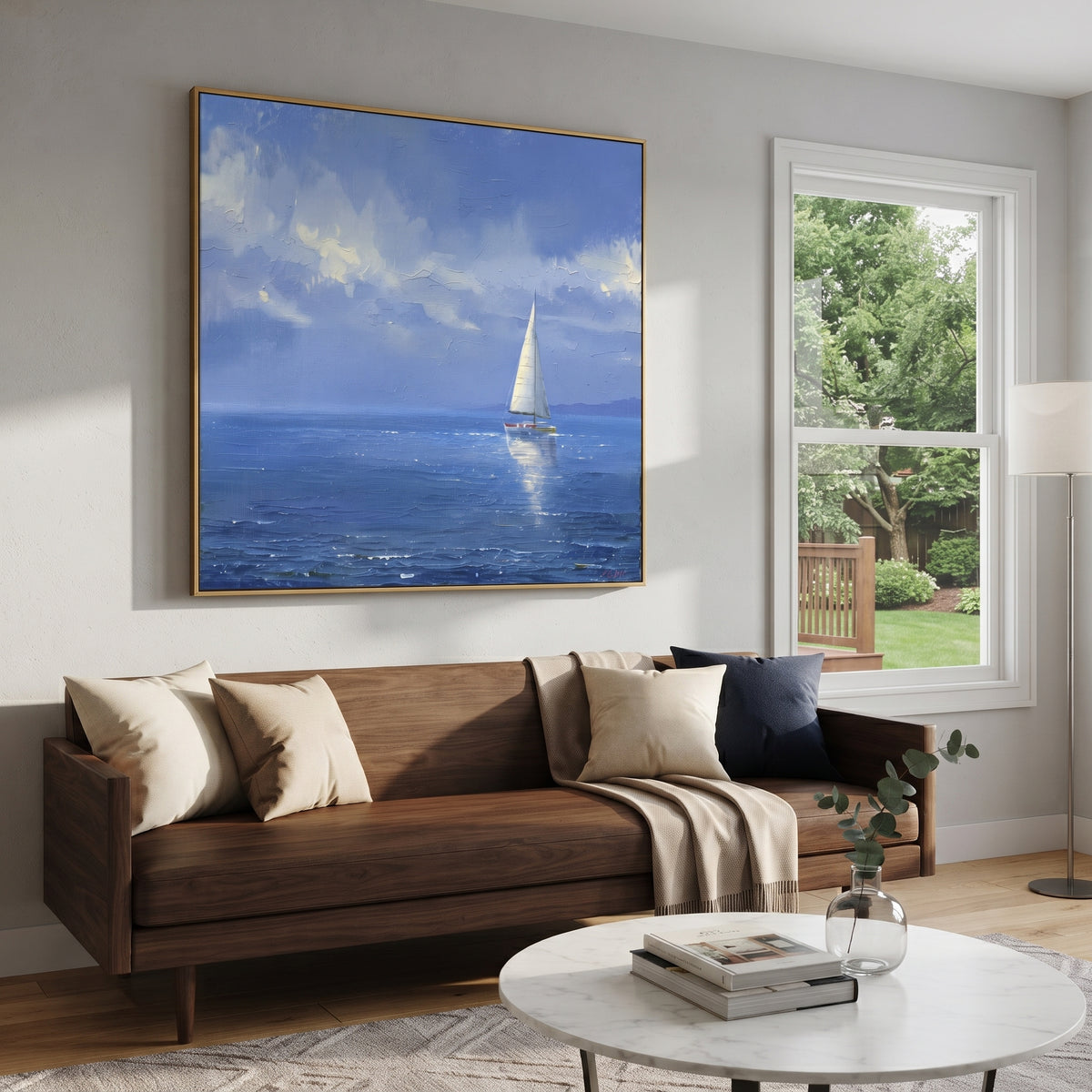 Blue Sailboat Open Sea Relief focuses on this hand-painted textured canvas features open blue water, sailboat forms, sky reflections, and raised coastal texture. The composition is described from the actual main image, so the visible subject, color balance, spacing, and surface movement stay specific to this product instead of reading like a batch title. Raised palette-knife layers, sculpted impasto ridges, softened brush transitions, and tactile handmade texture give the canvas dimensional