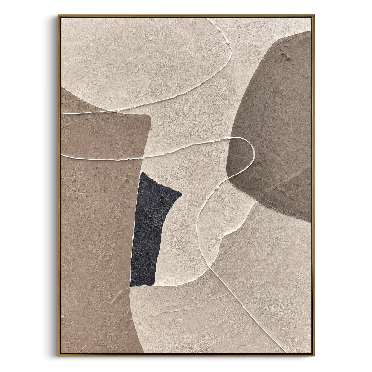 Taupe Cutout Geometry Relief focuses on this hand-painted textured canvas features abstract forms, carved edges, layered plaster surfaces, and measured geometric movement. The composition is described from the actual main image, so the visible subject, color balance, spacing, and surface movement stay specific to this product instead of reading like a batch title. Raised palette-knife layers, sculpted impasto ridges, softened brush transitions, and tactile handmade texture give the canvas