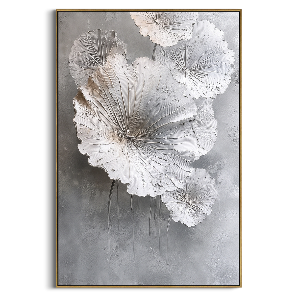 White Poppy Blossom Relief focuses on this hand-painted textured canvas features sculpted petals, botanical contours, raised floral texture, and soft organic movement. The composition is described from the actual main image, so the visible subject, color balance, spacing, and surface movement stay specific to this product instead of reading like a batch title. Raised palette-knife layers, sculpted impasto ridges, softened brush transitions, and tactile handmade texture give the canvas