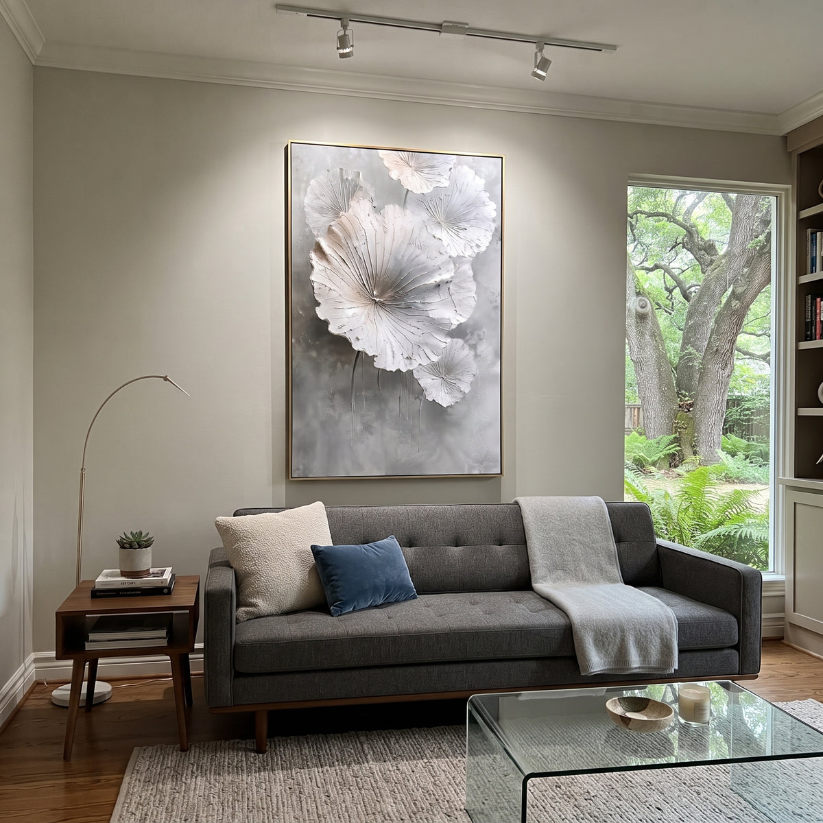 White Poppy Blossom Relief focuses on this hand-painted textured canvas features sculpted petals, botanical contours, raised floral texture, and soft organic movement. The composition is described from the actual main image, so the visible subject, color balance, spacing, and surface movement stay specific to this product instead of reading like a batch title. Raised palette-knife layers, sculpted impasto ridges, softened brush transitions, and tactile handmade texture give the canvas