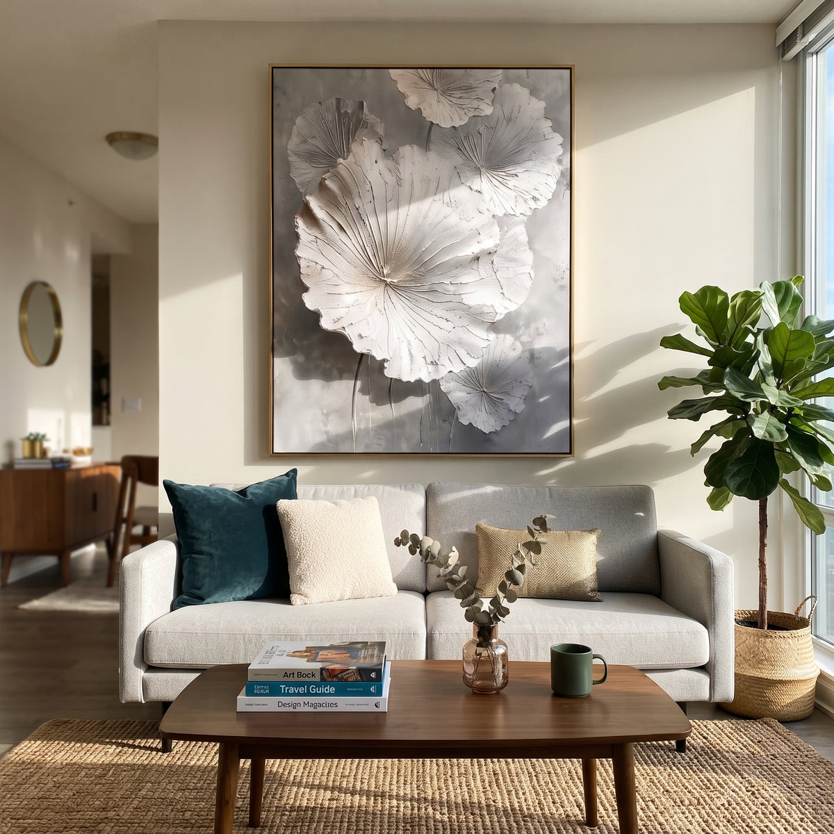 White Poppy Blossom Relief focuses on this hand-painted textured canvas features sculpted petals, botanical contours, raised floral texture, and soft organic movement. The composition is described from the actual main image, so the visible subject, color balance, spacing, and surface movement stay specific to this product instead of reading like a batch title. Raised palette-knife layers, sculpted impasto ridges, softened brush transitions, and tactile handmade texture give the canvas