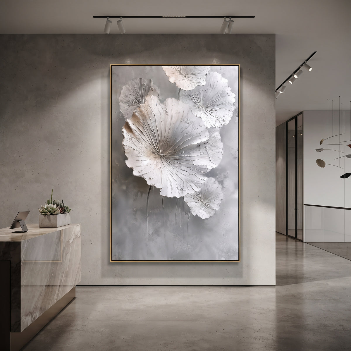 White Poppy Blossom Relief focuses on this hand-painted textured canvas features sculpted petals, botanical contours, raised floral texture, and soft organic movement. The composition is described from the actual main image, so the visible subject, color balance, spacing, and surface movement stay specific to this product instead of reading like a batch title. Raised palette-knife layers, sculpted impasto ridges, softened brush transitions, and tactile handmade texture give the canvas