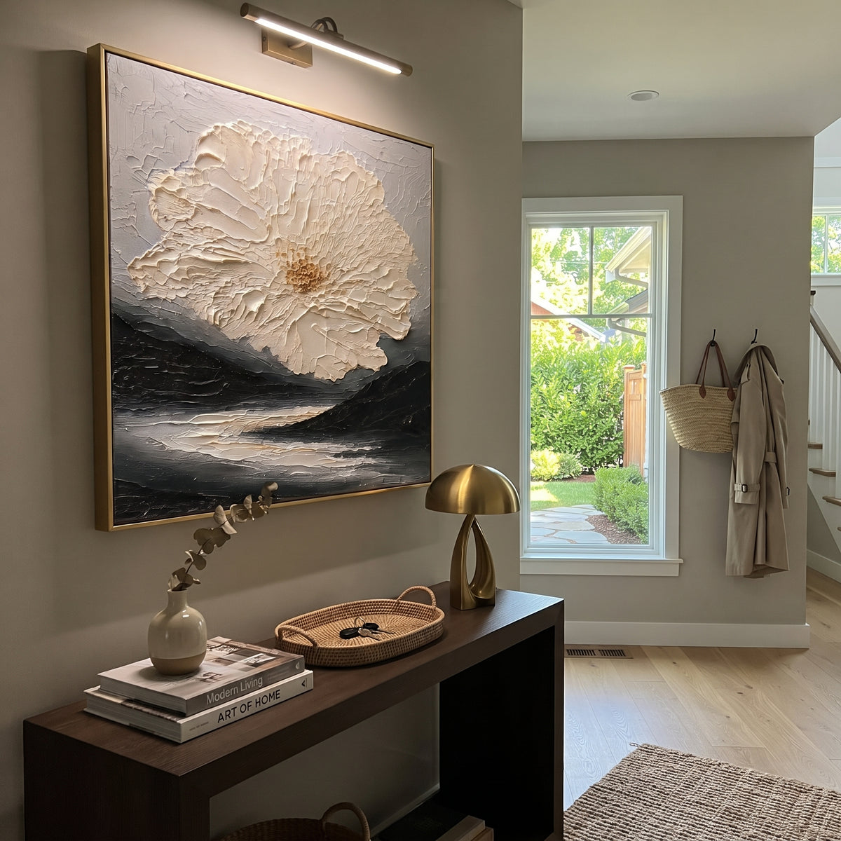 Ivory Flower Over Dark Seascape Relief focuses on this hand-painted textured canvas features layered water movement, raised seafoam ridges, shoreline texture, and coastal color depth. The composition is described from the actual main image, so the visible subject, color balance, spacing, and surface movement stay specific to this product instead of reading like a batch title. Raised palette-knife layers, sculpted impasto ridges, softened brush transitions, and tactile handmade texture give the
