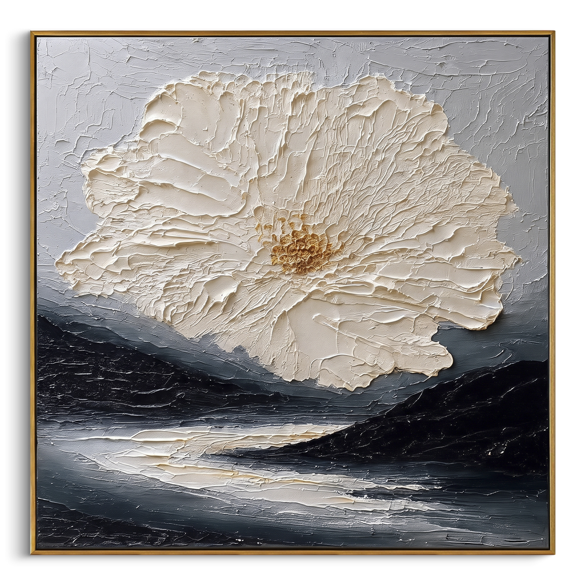 Ivory Flower Over Dark Seascape Relief focuses on this hand-painted textured canvas features layered water movement, raised seafoam ridges, shoreline texture, and coastal color depth. The composition is described from the actual main image, so the visible subject, color balance, spacing, and surface movement stay specific to this product instead of reading like a batch title. Raised palette-knife layers, sculpted impasto ridges, softened brush transitions, and tactile handmade texture give the