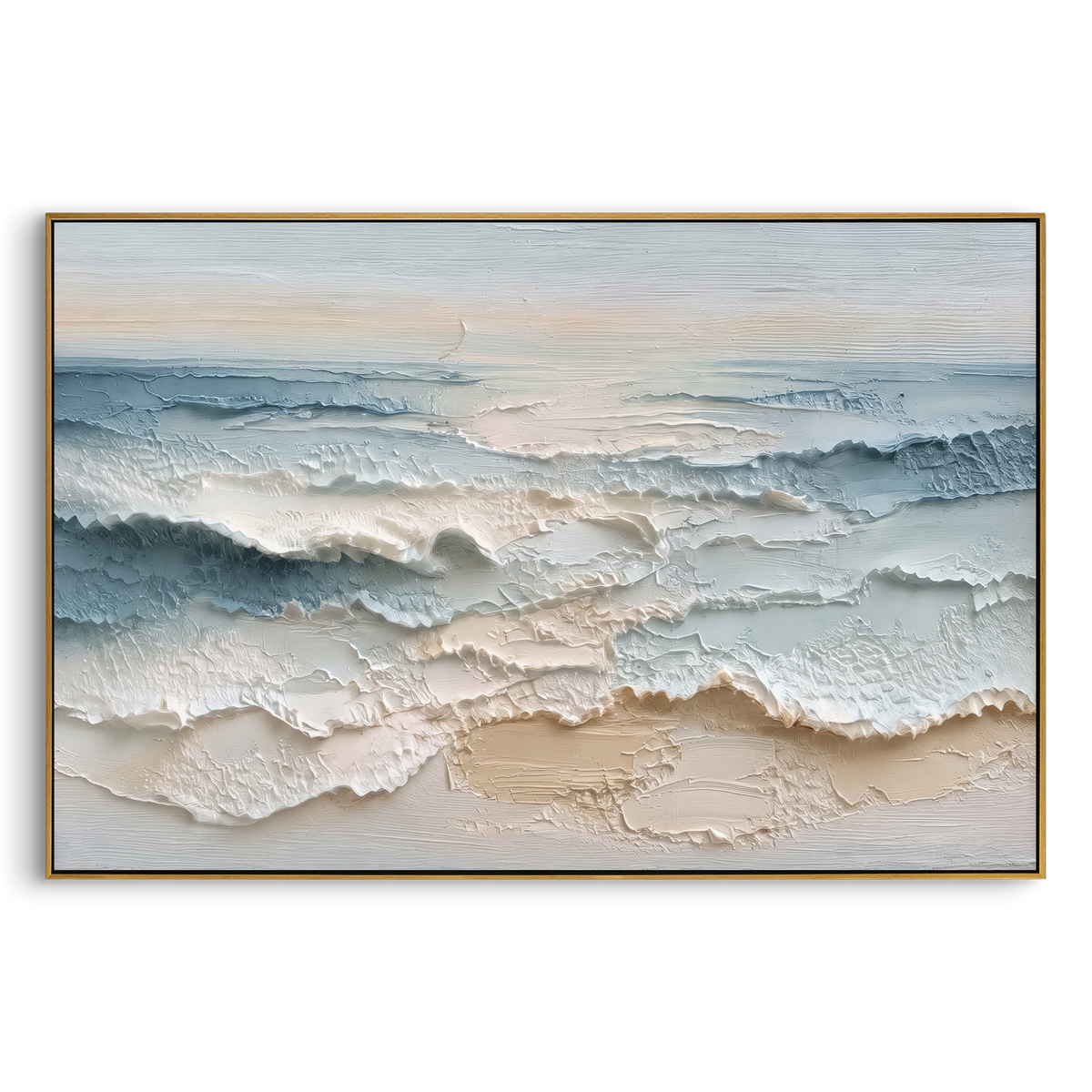 Pale Shoreline Surf Relief focuses on this hand-painted textured canvas features layered water movement, raised seafoam ridges, shoreline texture, and coastal color depth. The composition is described from the actual main image, so the visible subject, color balance, spacing, and surface movement stay specific to this product instead of reading like a batch title. Raised palette-knife layers, sculpted impasto ridges, softened brush transitions, and tactile handmade texture give the canvas