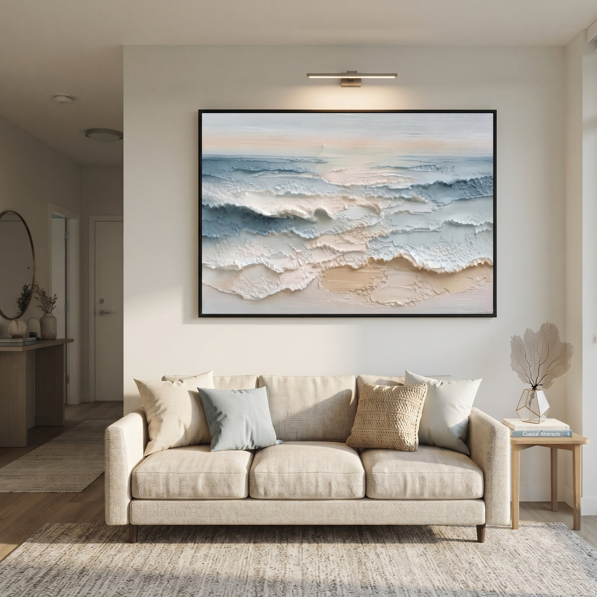 Pale Shoreline Surf Relief focuses on this hand-painted textured canvas features layered water movement, raised seafoam ridges, shoreline texture, and coastal color depth. The composition is described from the actual main image, so the visible subject, color balance, spacing, and surface movement stay specific to this product instead of reading like a batch title. Raised palette-knife layers, sculpted impasto ridges, softened brush transitions, and tactile handmade texture give the canvas
