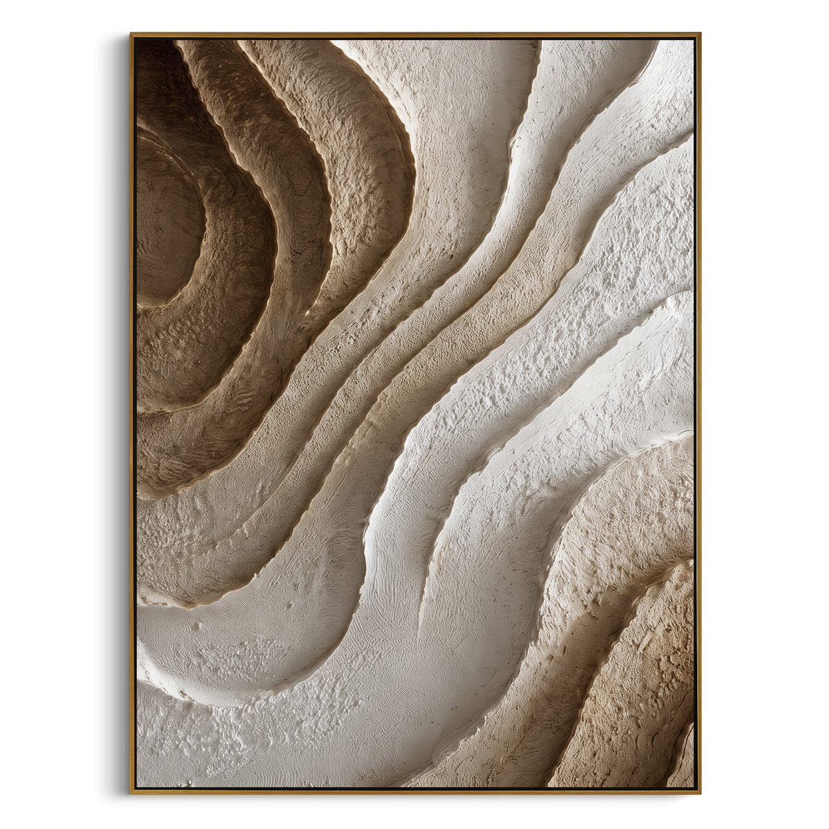 Brown And Ivory Ripple Relief focuses on this hand-painted textured canvas features abstract forms, carved edges, layered plaster surfaces, and measured geometric movement. The composition is described from the actual main image, so the visible subject, color balance, spacing, and surface movement stay specific to this product instead of reading like a batch title. Raised palette-knife layers, sculpted impasto ridges, softened brush transitions, and tactile handmade texture give the canvas