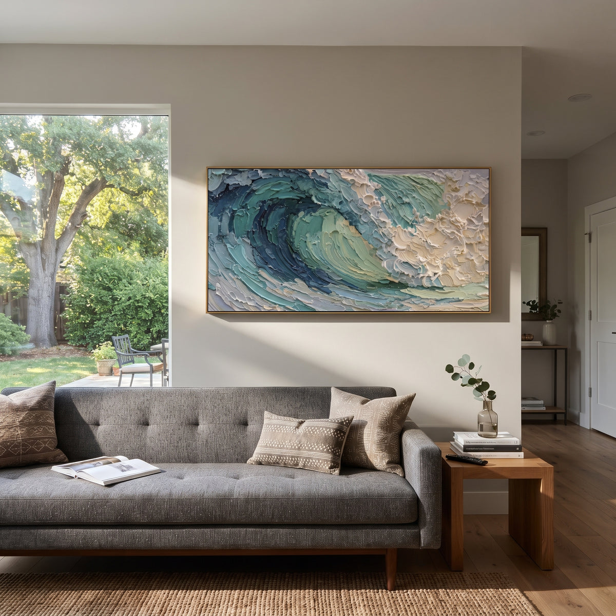 Turquoise Barrel Wave Relief focuses on this hand-painted textured canvas features layered water movement, raised seafoam ridges, shoreline texture, and coastal color depth. The composition is described from the actual main image, so the visible subject, color balance, spacing, and surface movement stay specific to this product instead of reading like a batch title. Raised palette-knife layers, sculpted impasto ridges, softened brush transitions, and tactile handmade texture give the canvas