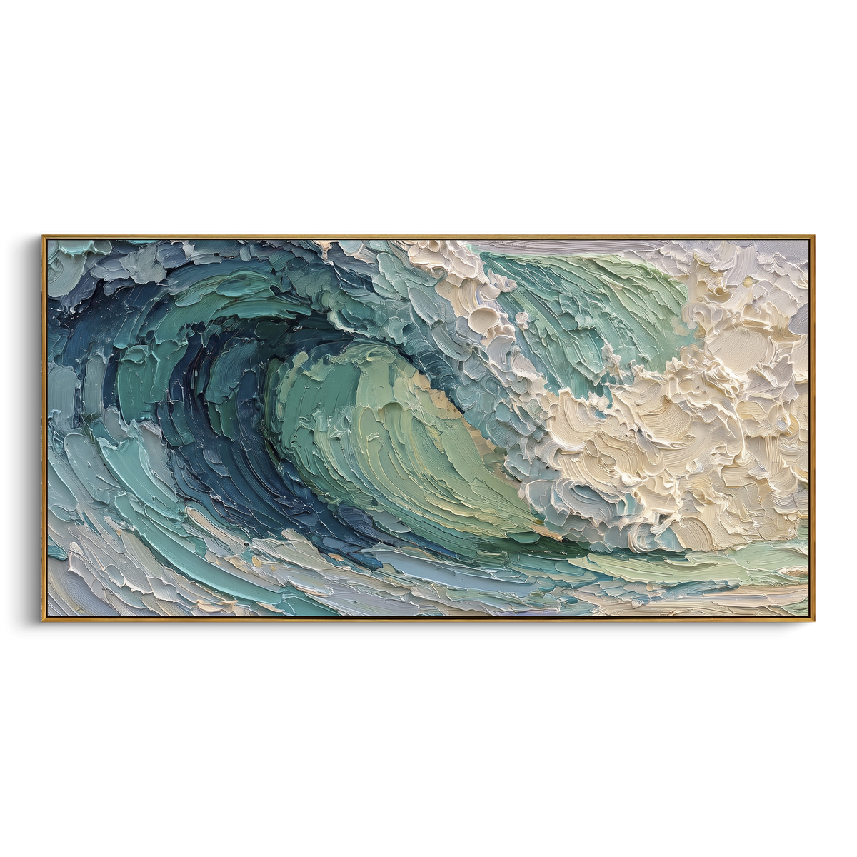 Turquoise Barrel Wave Relief focuses on this hand-painted textured canvas features layered water movement, raised seafoam ridges, shoreline texture, and coastal color depth. The composition is described from the actual main image, so the visible subject, color balance, spacing, and surface movement stay specific to this product instead of reading like a batch title. Raised palette-knife layers, sculpted impasto ridges, softened brush transitions, and tactile handmade texture give the canvas
