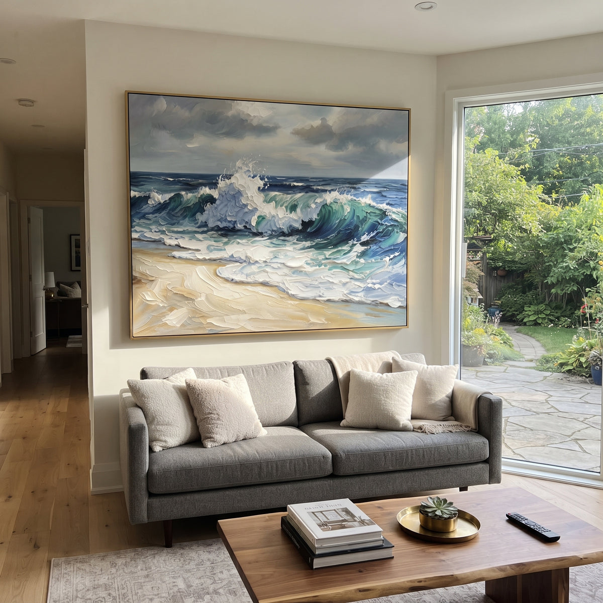 Stormy Blue Beach Wave focuses on this hand-painted textured canvas features layered water movement, raised seafoam ridges, shoreline texture, and coastal color depth. The composition is described from the actual main image, so the visible subject, color balance, spacing, and surface movement stay specific to this product instead of reading like a batch title. Raised palette-knife layers, sculpted impasto ridges, softened brush transitions, and tactile handmade texture give the canvas