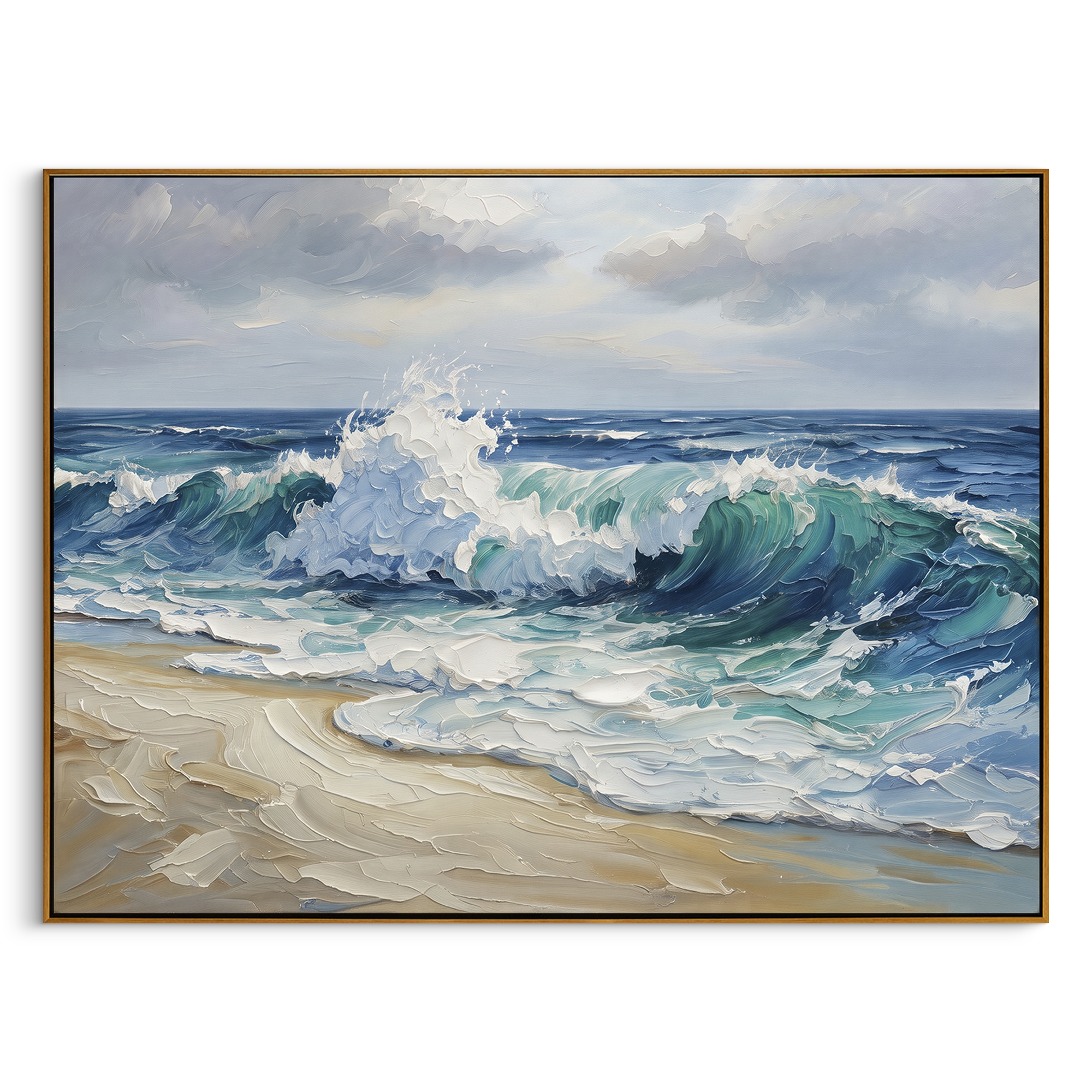 Stormy Blue Beach Wave focuses on this hand-painted textured canvas features layered water movement, raised seafoam ridges, shoreline texture, and coastal color depth. The composition is described from the actual main image, so the visible subject, color balance, spacing, and surface movement stay specific to this product instead of reading like a batch title. Raised palette-knife layers, sculpted impasto ridges, softened brush transitions, and tactile handmade texture give the canvas