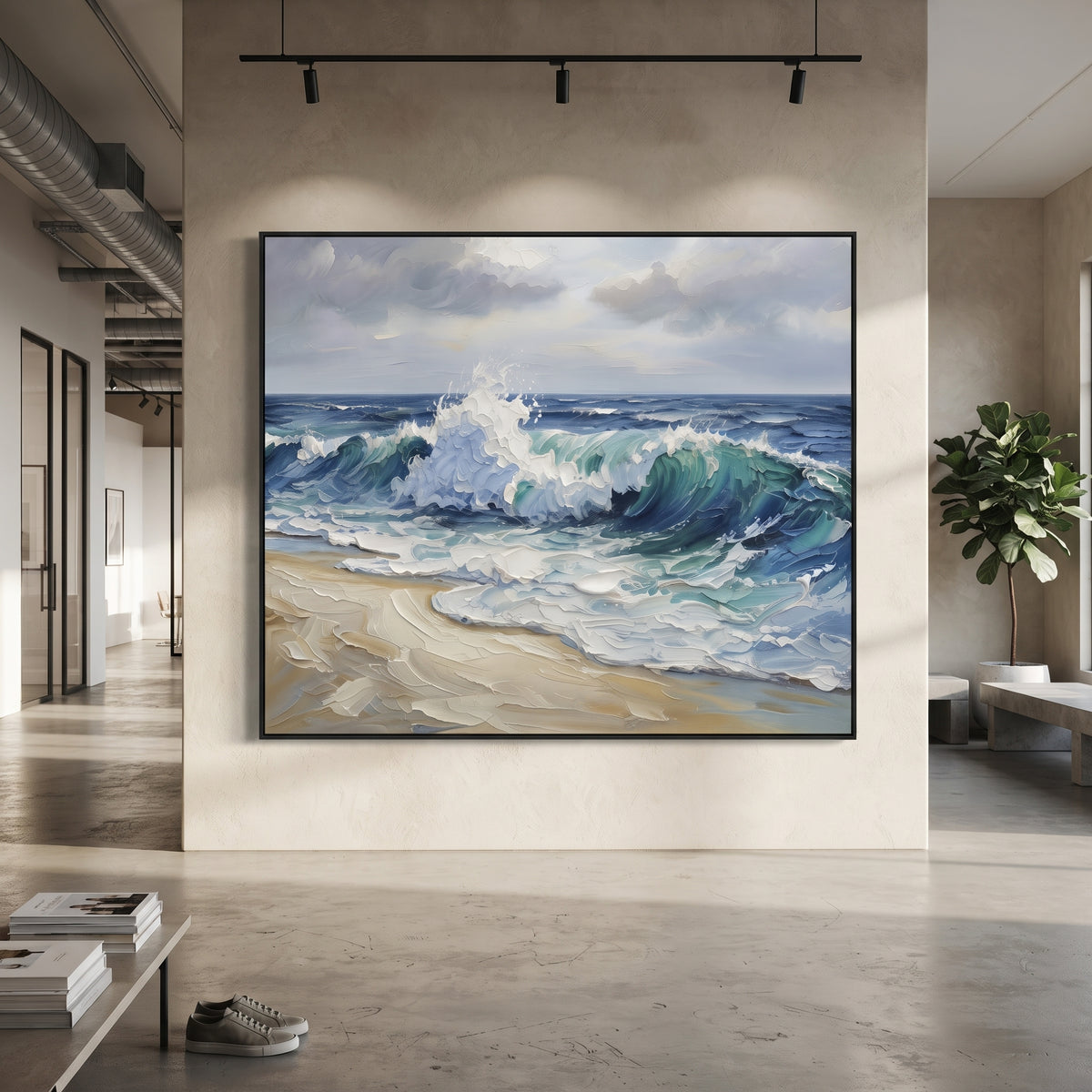 Stormy Blue Beach Wave focuses on this hand-painted textured canvas features layered water movement, raised seafoam ridges, shoreline texture, and coastal color depth. The composition is described from the actual main image, so the visible subject, color balance, spacing, and surface movement stay specific to this product instead of reading like a batch title. Raised palette-knife layers, sculpted impasto ridges, softened brush transitions, and tactile handmade texture give the canvas