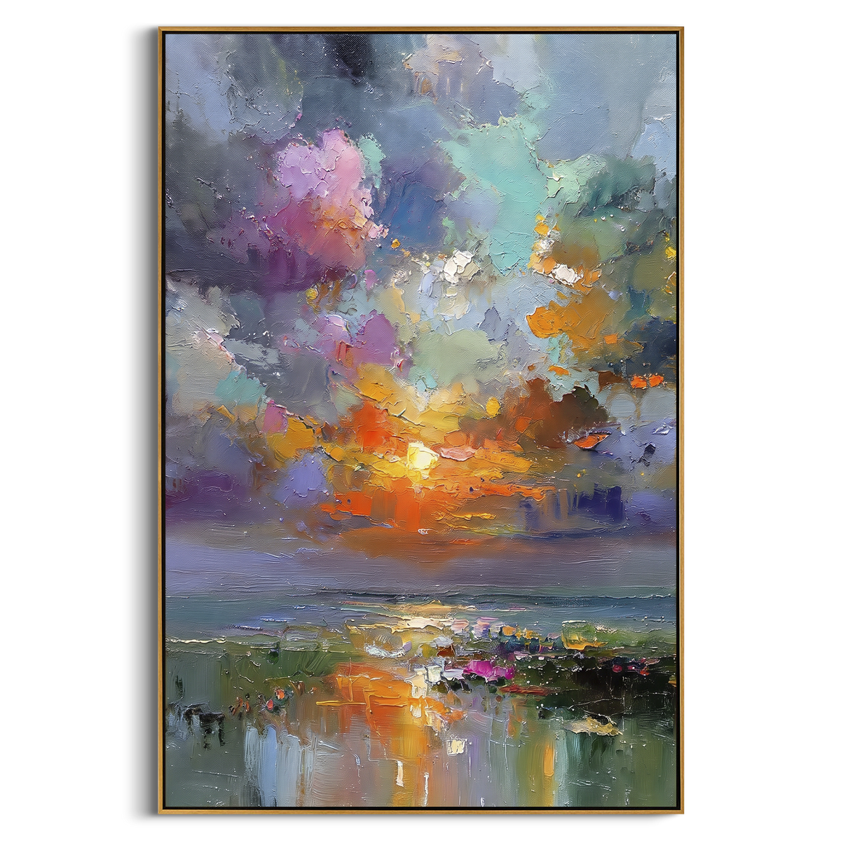 Violet Sunset Marsh focuses on this hand-painted textured canvas features layered landforms, mineral color transitions, raised terrain ridges, and atmospheric depth. The composition is described from the actual main image, so the visible subject, color balance, spacing, and surface movement stay specific to this product instead of reading like a batch title. Raised palette-knife layers, sculpted impasto ridges, softened brush transitions, and tactile handmade texture give the canvas dimensional