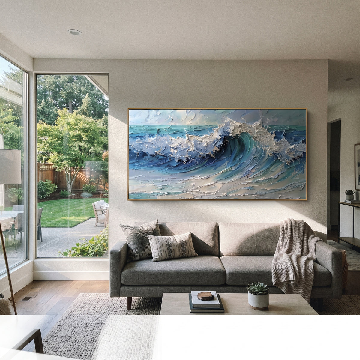 Teal Breaking Wave Relief focuses on this hand-painted textured canvas features layered water movement, raised seafoam ridges, shoreline texture, and coastal color depth. The composition is described from the actual main image, so the visible subject, color balance, spacing, and surface movement stay specific to this product instead of reading like a batch title. Raised palette-knife layers, sculpted impasto ridges, softened brush transitions, and tactile handmade texture give the canvas