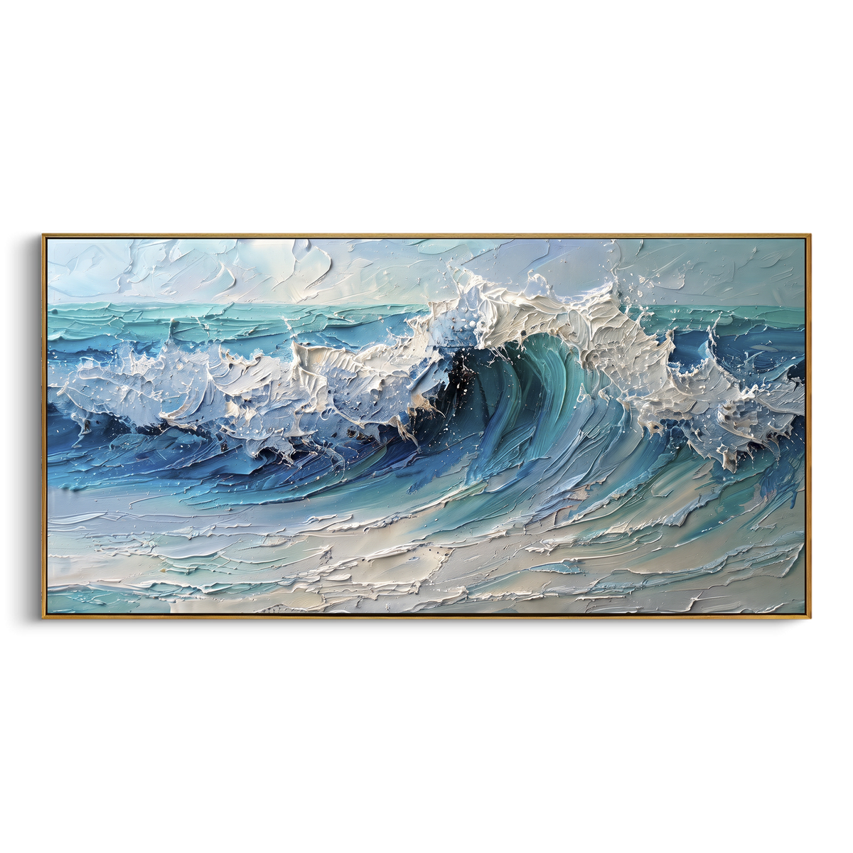 Teal Breaking Wave Relief focuses on this hand-painted textured canvas features layered water movement, raised seafoam ridges, shoreline texture, and coastal color depth. The composition is described from the actual main image, so the visible subject, color balance, spacing, and surface movement stay specific to this product instead of reading like a batch title. Raised palette-knife layers, sculpted impasto ridges, softened brush transitions, and tactile handmade texture give the canvas
