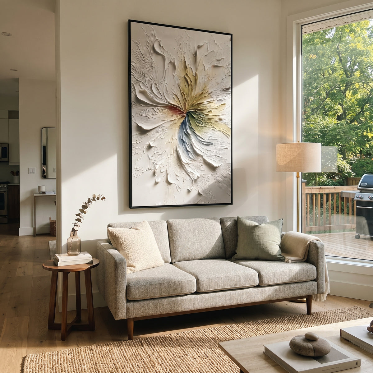 Cream Floral Burst Relief focuses on this hand-painted textured canvas features sculpted petals, botanical contours, raised floral texture, and soft organic movement. The composition is described from the actual main image, so the visible subject, color balance, spacing, and surface movement stay specific to this product instead of reading like a batch title. Raised palette-knife layers, sculpted impasto ridges, softened brush transitions, and tactile handmade texture give the canvas dimensional