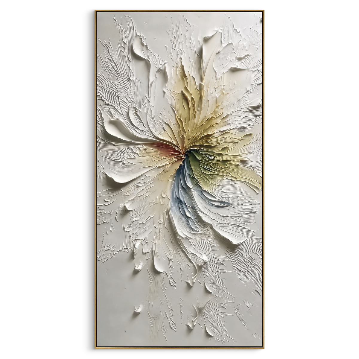 Cream Floral Burst Relief focuses on this hand-painted textured canvas features sculpted petals, botanical contours, raised floral texture, and soft organic movement. The composition is described from the actual main image, so the visible subject, color balance, spacing, and surface movement stay specific to this product instead of reading like a batch title. Raised palette-knife layers, sculpted impasto ridges, softened brush transitions, and tactile handmade texture give the canvas dimensional