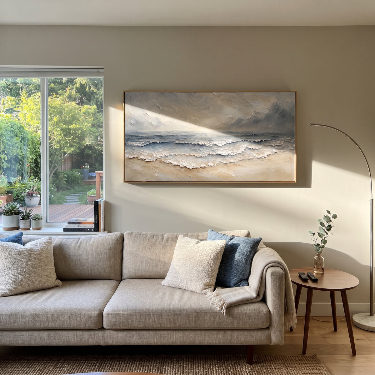 Misty Grey Shoreline Relief focuses on this hand-painted textured canvas features layered water movement, raised seafoam ridges, shoreline texture, and coastal color depth. The composition is described from the actual main image, so the visible subject, color balance, spacing, and surface movement stay specific to this product instead of reading like a batch title. Raised palette-knife layers, sculpted impasto ridges, softened brush transitions, and tactile handmade texture give the canvas