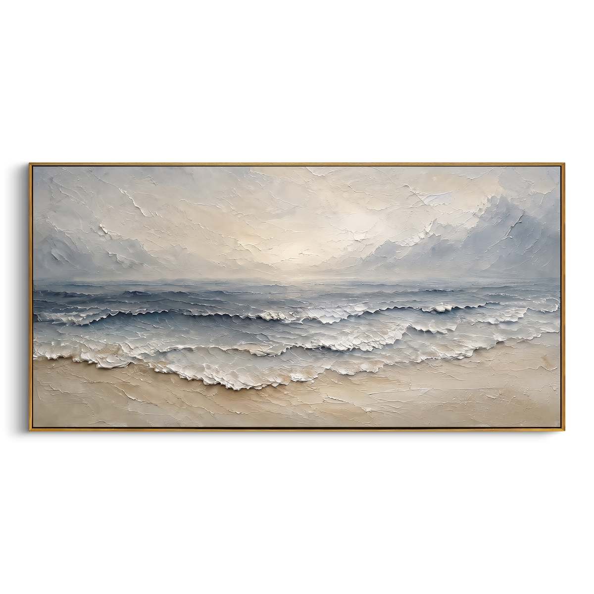 Misty Grey Shoreline Relief focuses on this hand-painted textured canvas features layered water movement, raised seafoam ridges, shoreline texture, and coastal color depth. The composition is described from the actual main image, so the visible subject, color balance, spacing, and surface movement stay specific to this product instead of reading like a batch title. Raised palette-knife layers, sculpted impasto ridges, softened brush transitions, and tactile handmade texture give the canvas