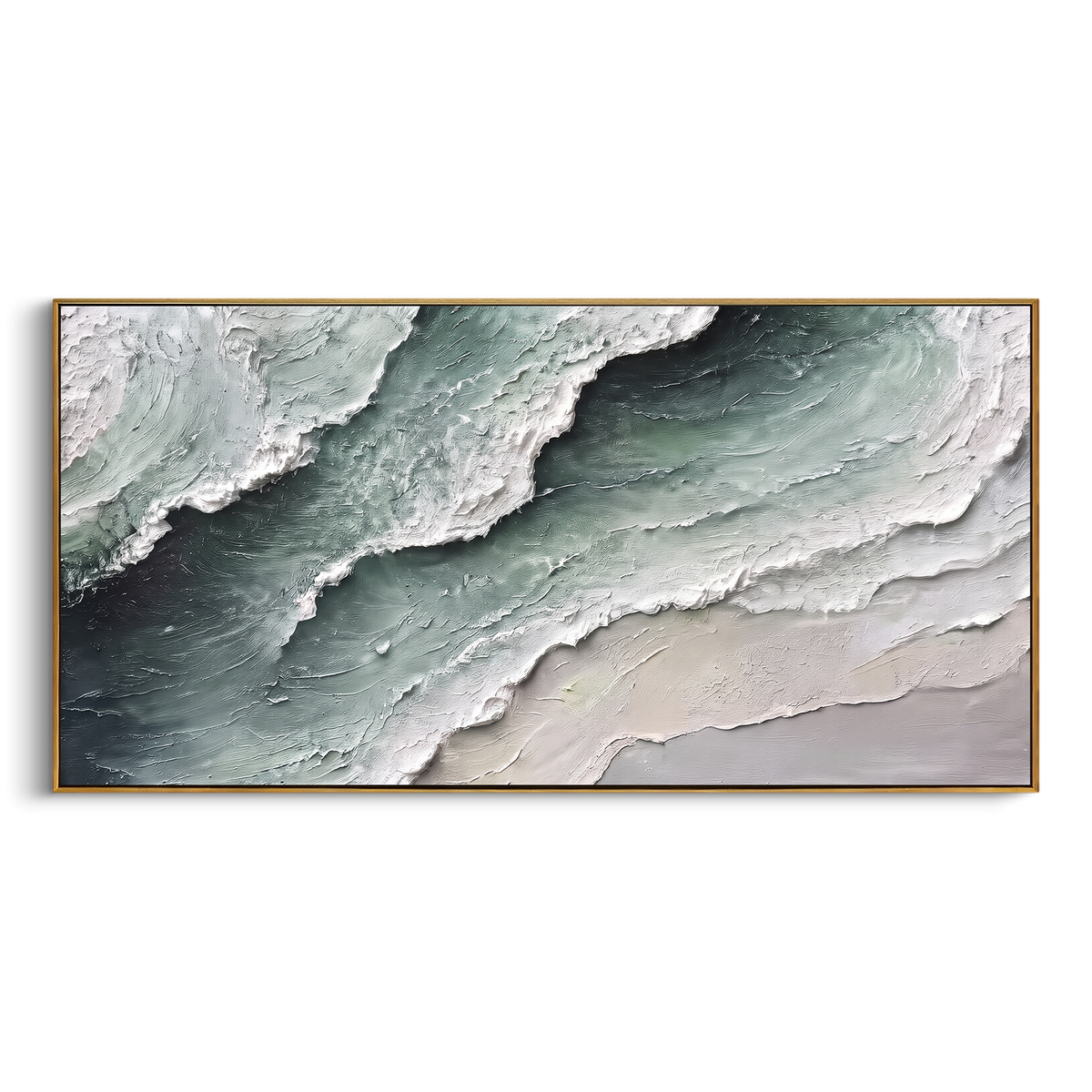 Green White Diagonal Surf Relief focuses on this hand-painted textured canvas features layered water movement, raised seafoam ridges, shoreline texture, and coastal color depth. The composition is described from the actual main image, so the visible subject, color balance, spacing, and surface movement stay specific to this product instead of reading like a batch title. Raised palette-knife layers, sculpted impasto ridges, softened brush transitions, and tactile handmade texture give the canvas