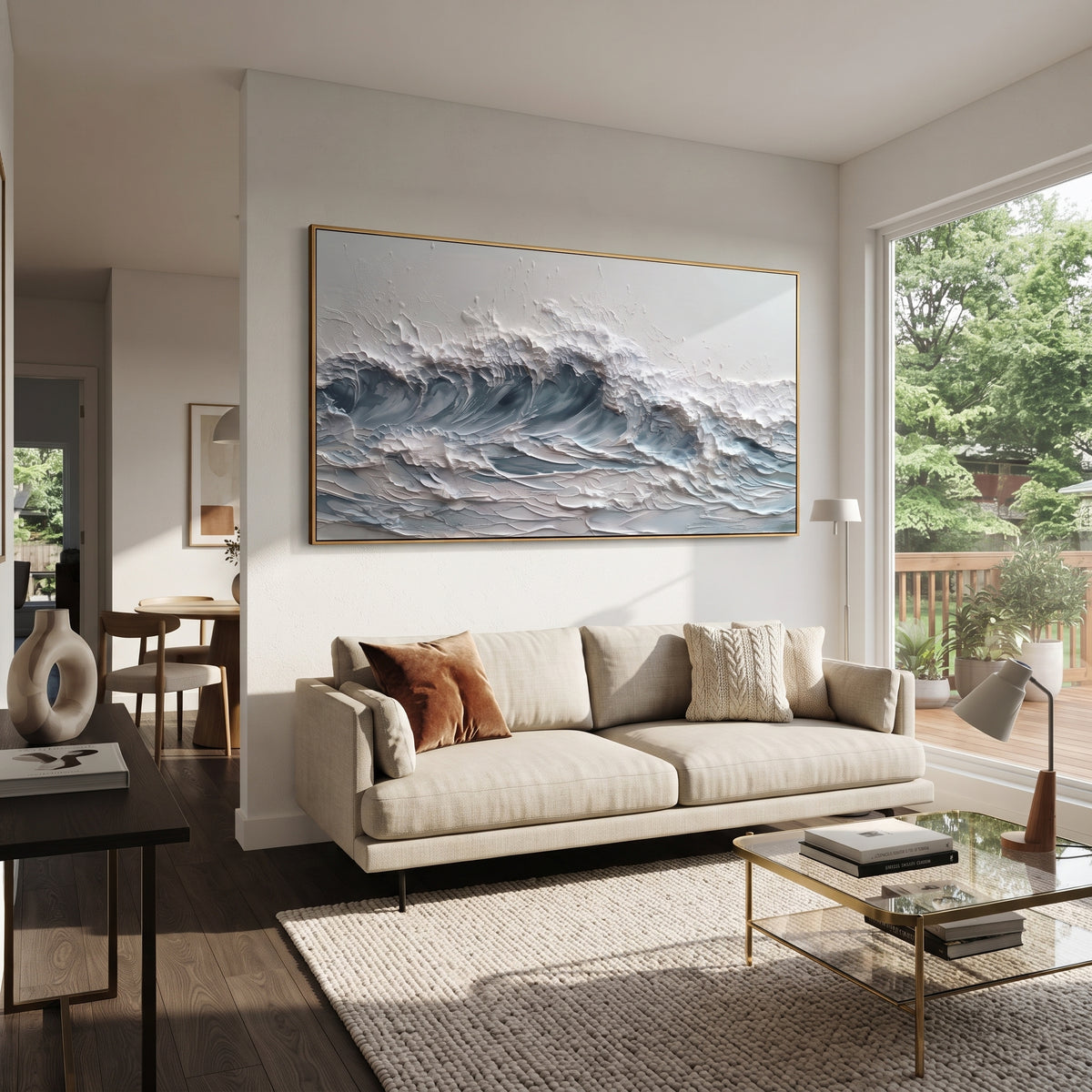 Grey Ocean Swell Relief focuses on this hand-painted textured canvas features layered water movement, raised seafoam ridges, shoreline texture, and coastal color depth. The composition is described from the actual main image, so the visible subject, color balance, spacing, and surface movement stay specific to this product instead of reading like a batch title. Raised palette-knife layers, sculpted impasto ridges, softened brush transitions, and tactile handmade texture give the canvas