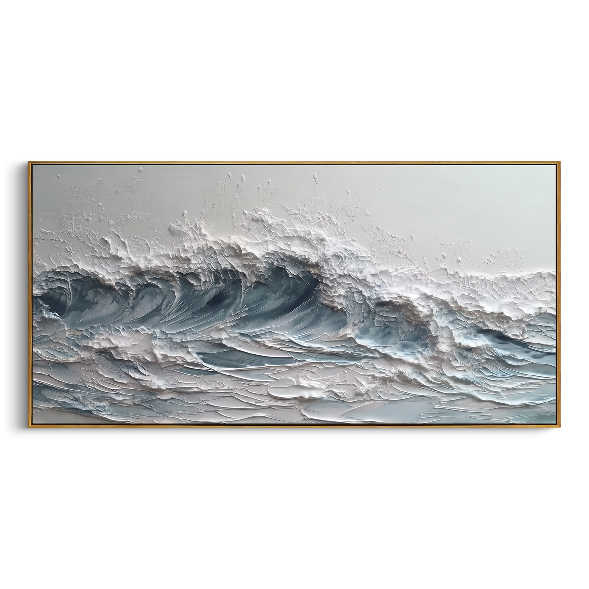 Grey Ocean Swell Relief focuses on this hand-painted textured canvas features layered water movement, raised seafoam ridges, shoreline texture, and coastal color depth. The composition is described from the actual main image, so the visible subject, color balance, spacing, and surface movement stay specific to this product instead of reading like a batch title. Raised palette-knife layers, sculpted impasto ridges, softened brush transitions, and tactile handmade texture give the canvas
