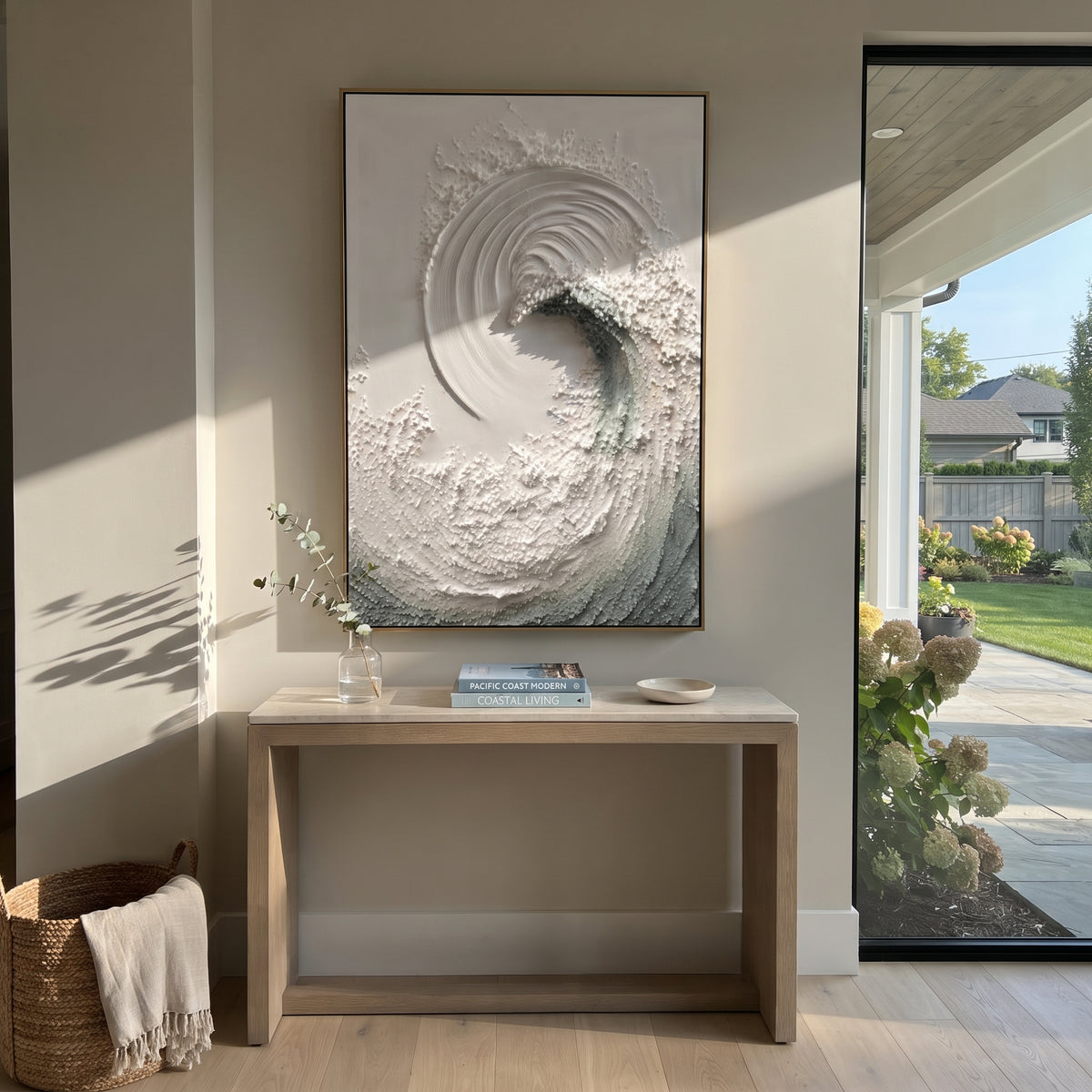 White Spiral Wave Relief focuses on this hand-painted textured canvas features layered water movement, raised seafoam ridges, shoreline texture, and coastal color depth. The composition is described from the actual main image, so the visible subject, color balance, spacing, and surface movement stay specific to this product instead of reading like a batch title. Raised palette-knife layers, sculpted impasto ridges, softened brush transitions, and tactile handmade texture give the canvas