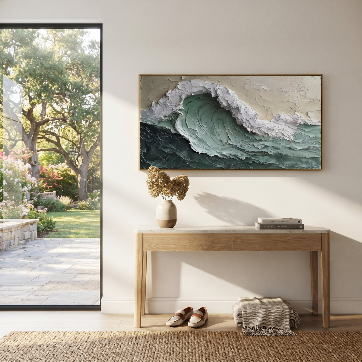 Emerald Curling Wave Relief focuses on this hand-painted textured canvas features layered water movement, raised seafoam ridges, shoreline texture, and coastal color depth. The composition is described from the actual main image, so the visible subject, color balance, spacing, and surface movement stay specific to this product instead of reading like a batch title. Raised palette-knife layers, sculpted impasto ridges, softened brush transitions, and tactile handmade texture give the canvas