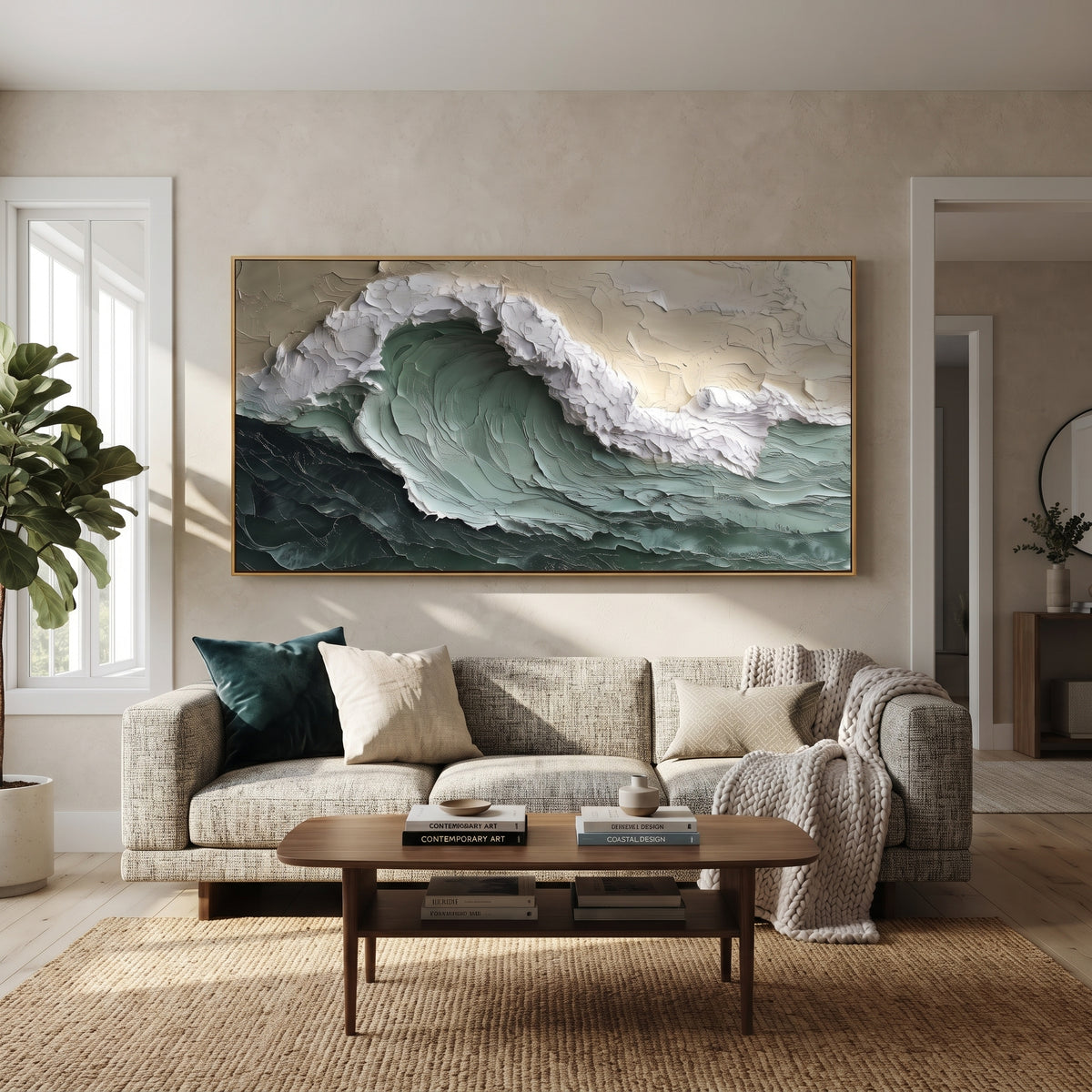 Emerald Curling Wave Relief focuses on this hand-painted textured canvas features layered water movement, raised seafoam ridges, shoreline texture, and coastal color depth. The composition is described from the actual main image, so the visible subject, color balance, spacing, and surface movement stay specific to this product instead of reading like a batch title. Raised palette-knife layers, sculpted impasto ridges, softened brush transitions, and tactile handmade texture give the canvas