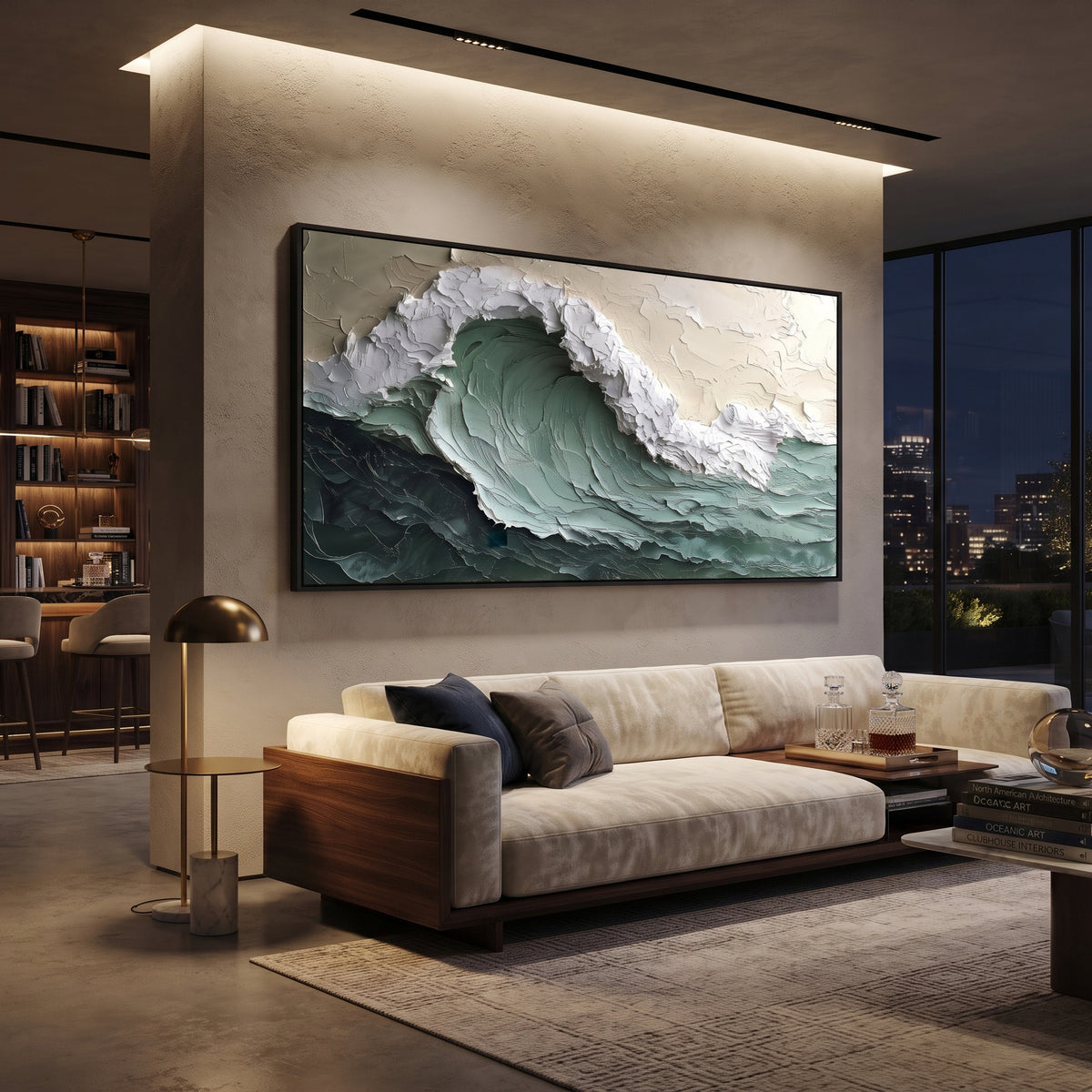Emerald Curling Wave Relief focuses on this hand-painted textured canvas features layered water movement, raised seafoam ridges, shoreline texture, and coastal color depth. The composition is described from the actual main image, so the visible subject, color balance, spacing, and surface movement stay specific to this product instead of reading like a batch title. Raised palette-knife layers, sculpted impasto ridges, softened brush transitions, and tactile handmade texture give the canvas